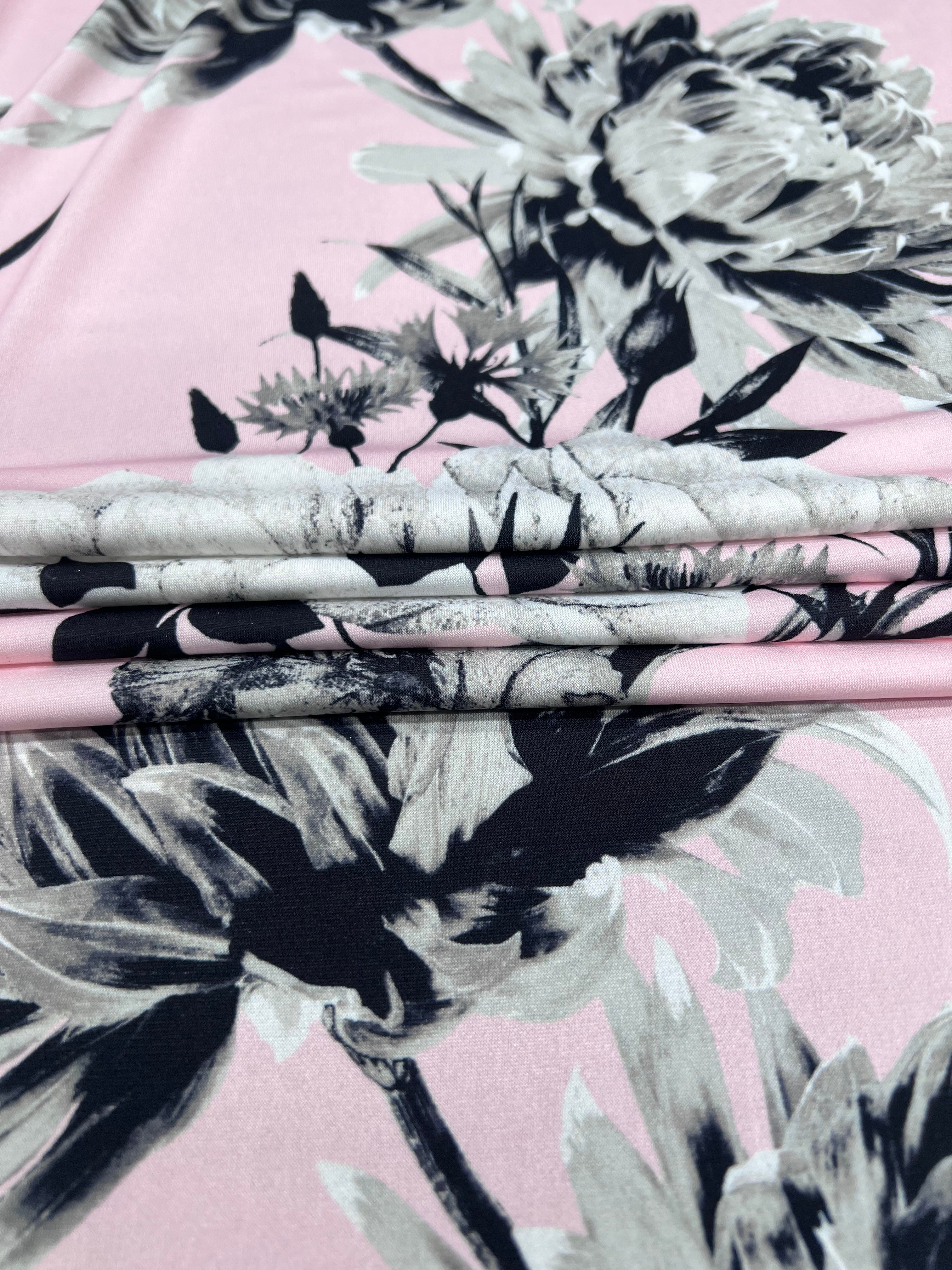 Pink Monochrome Floral Slinky Soft Stretch Drape Dressmaking Fabric 150cm