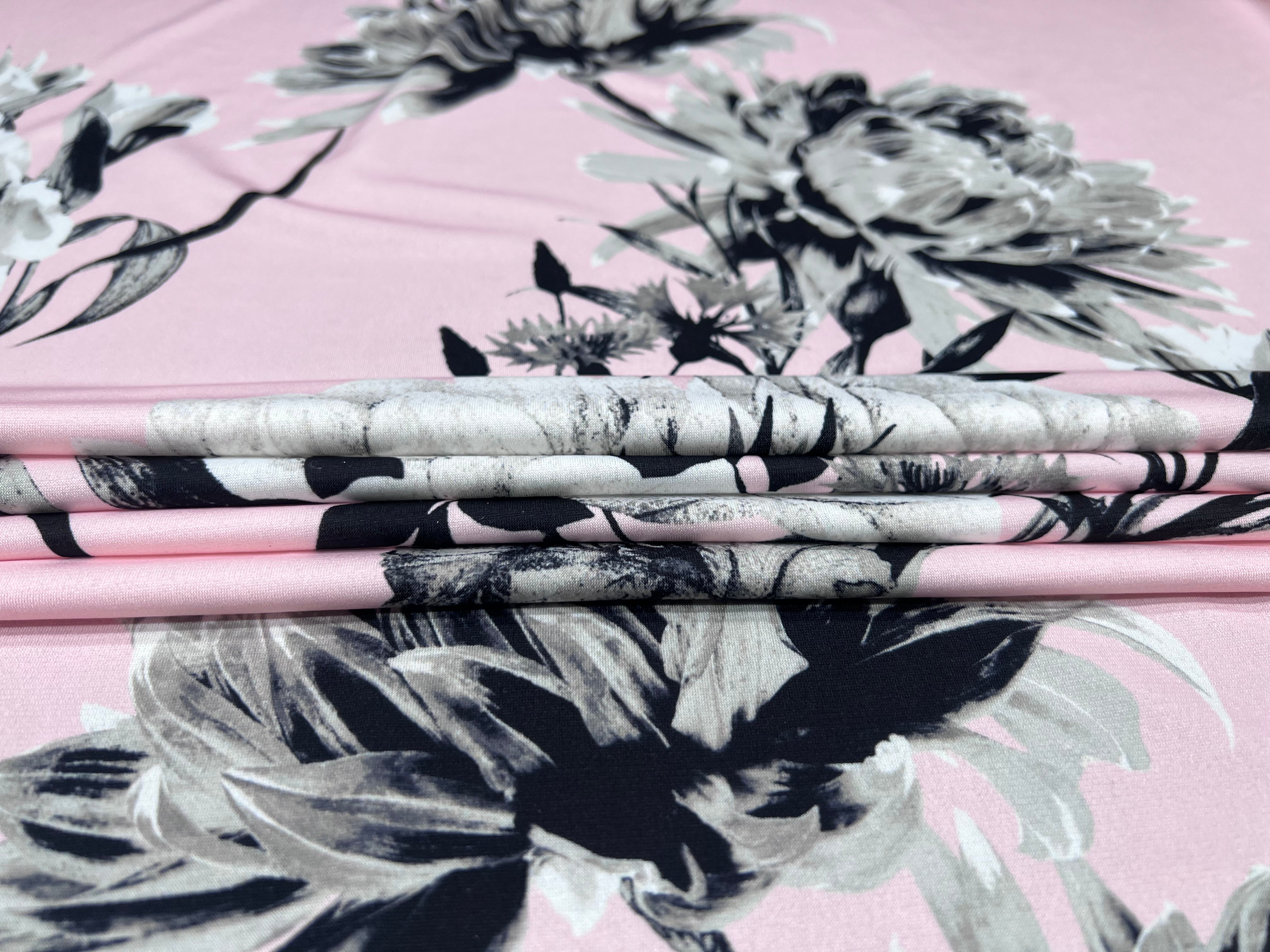 Pink Monochrome Floral Slinky Soft Stretch Drape Dressmaking Fabric 150cm