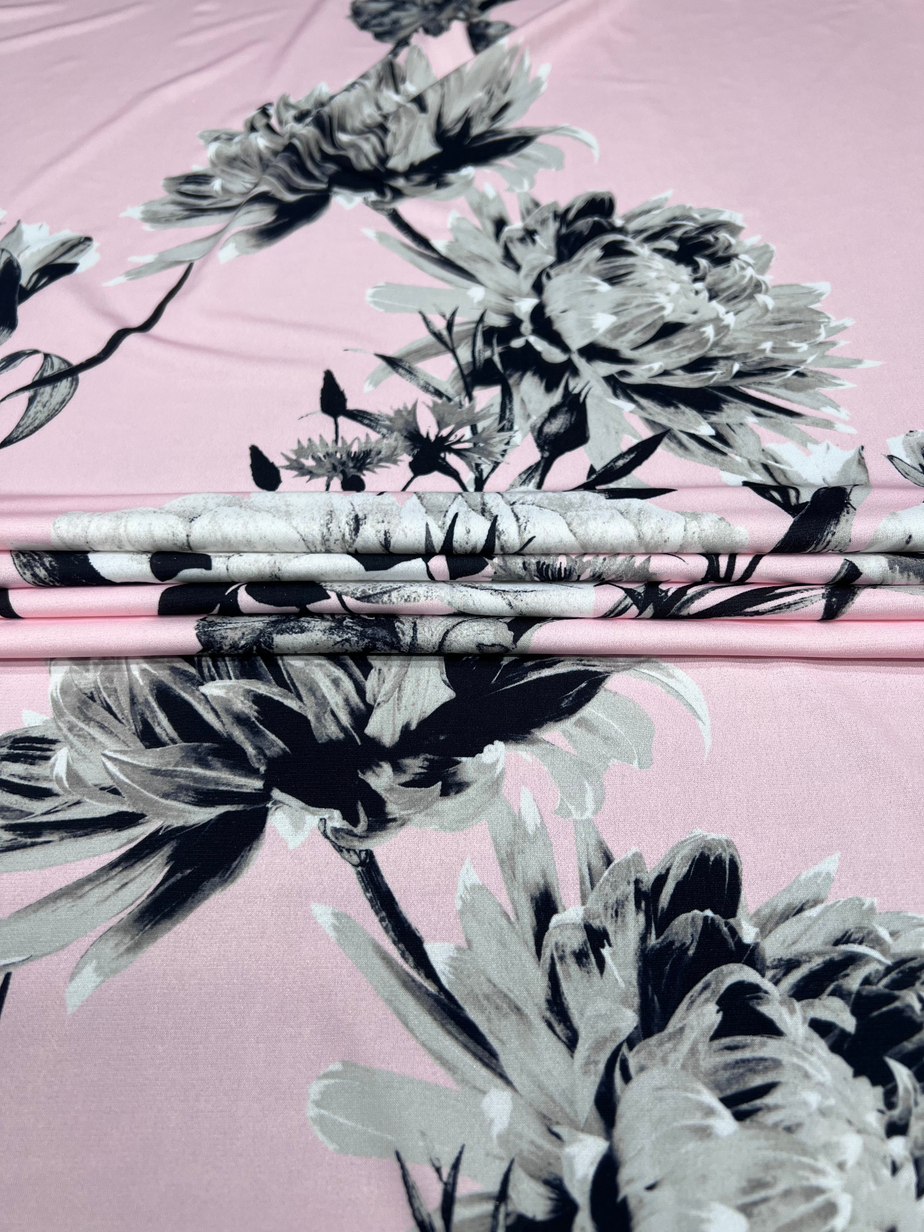 Pink Monochrome Floral Slinky Soft Stretch Drape Dressmaking Fabric 150cm