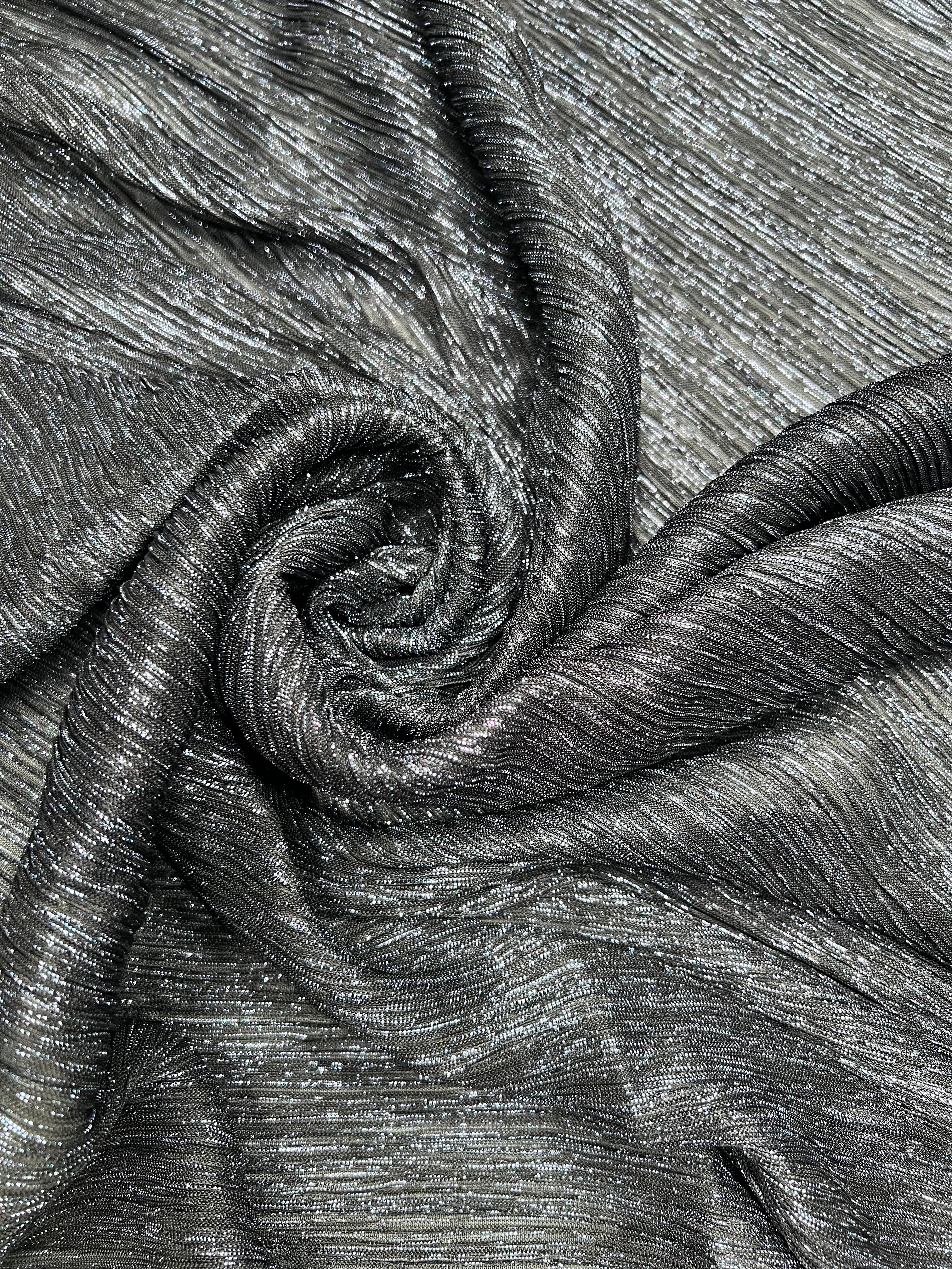 Midnight Blue Silver Metallic Pleated Mesh Fabric - Sheer Lurex Plisse