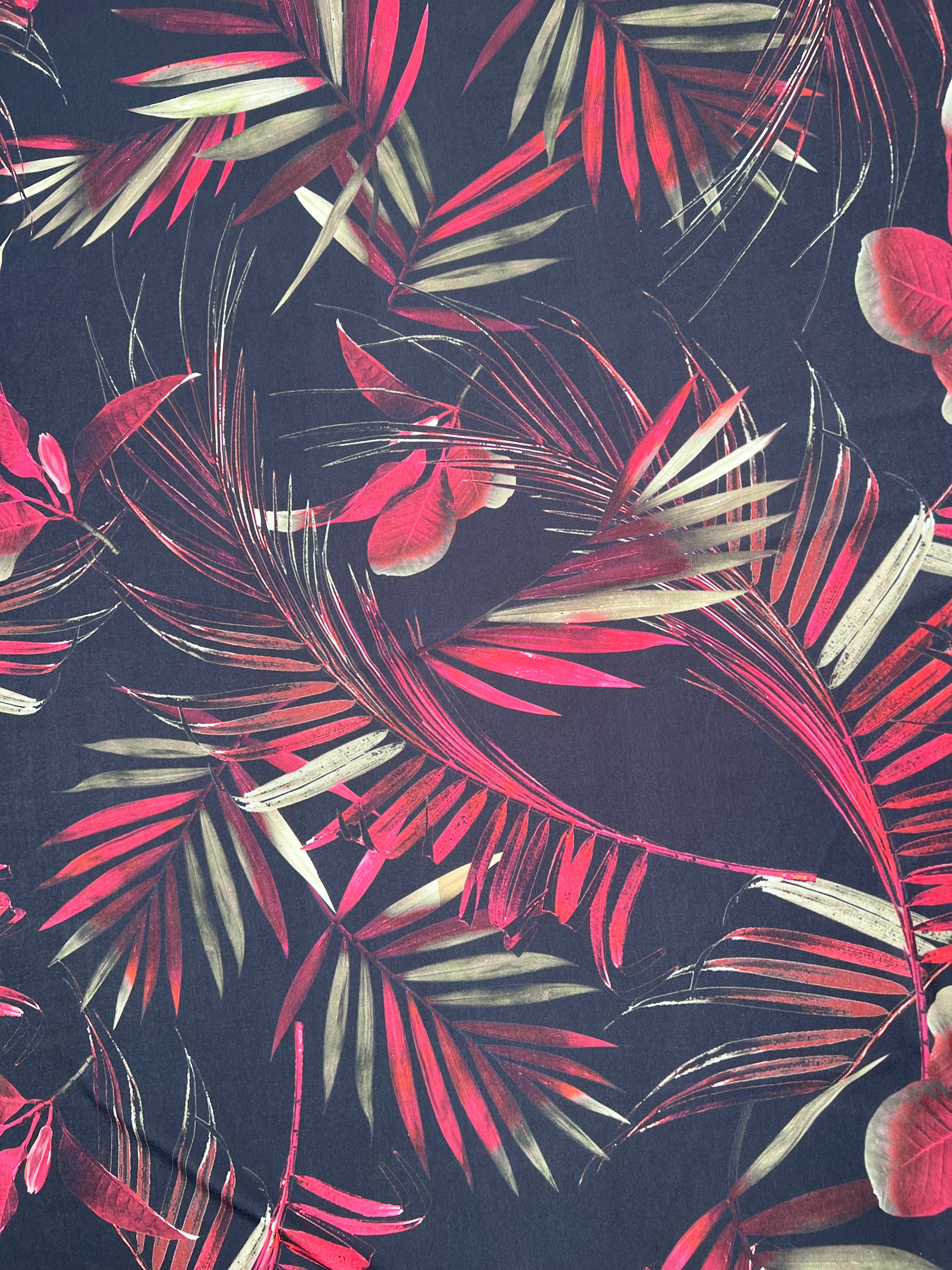 Exotic Dark Tropical Leaf Berry Red/Khaki Poly Spandex Knit Fabric 150cm