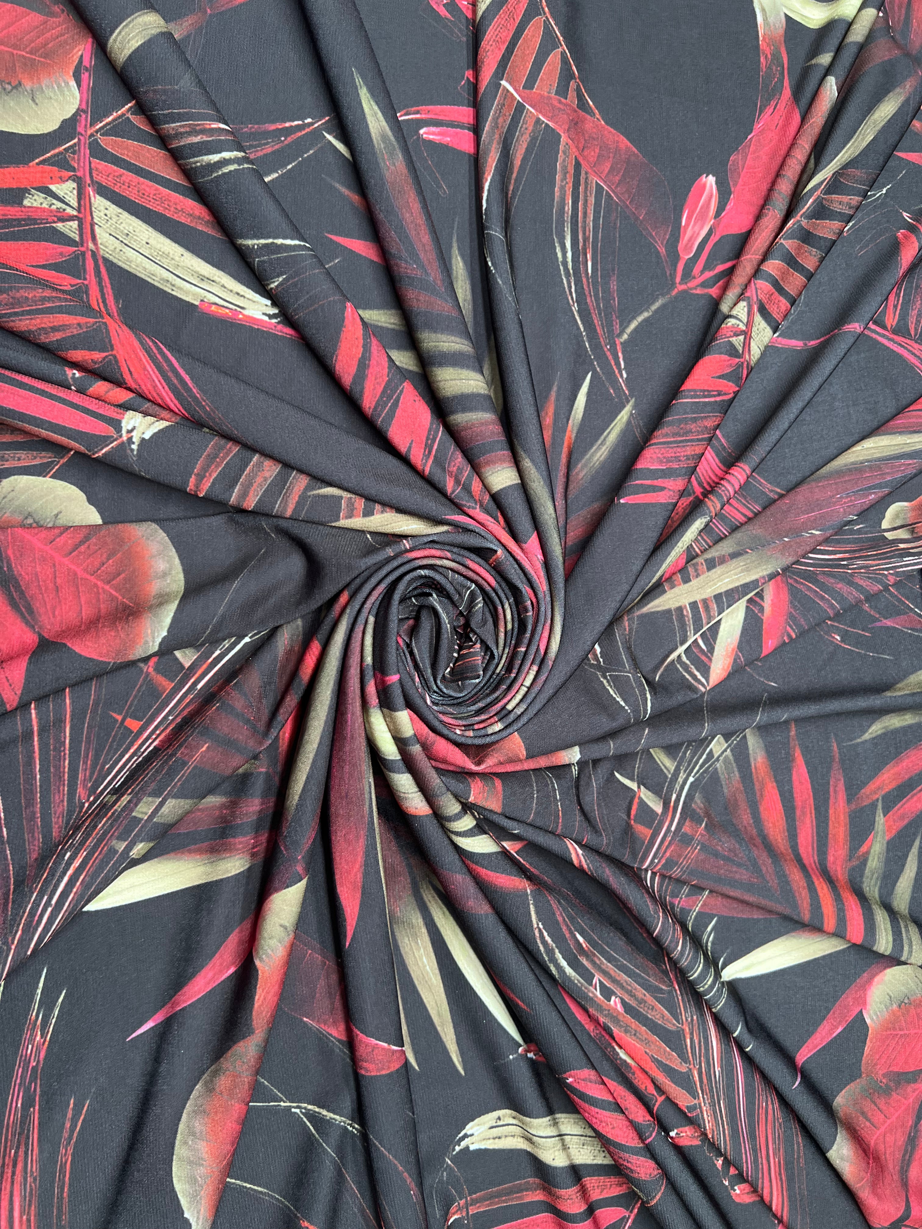 Exotic Dark Tropical Leaf Berry Red/Khaki Poly Spandex Knit Fabric 150cm