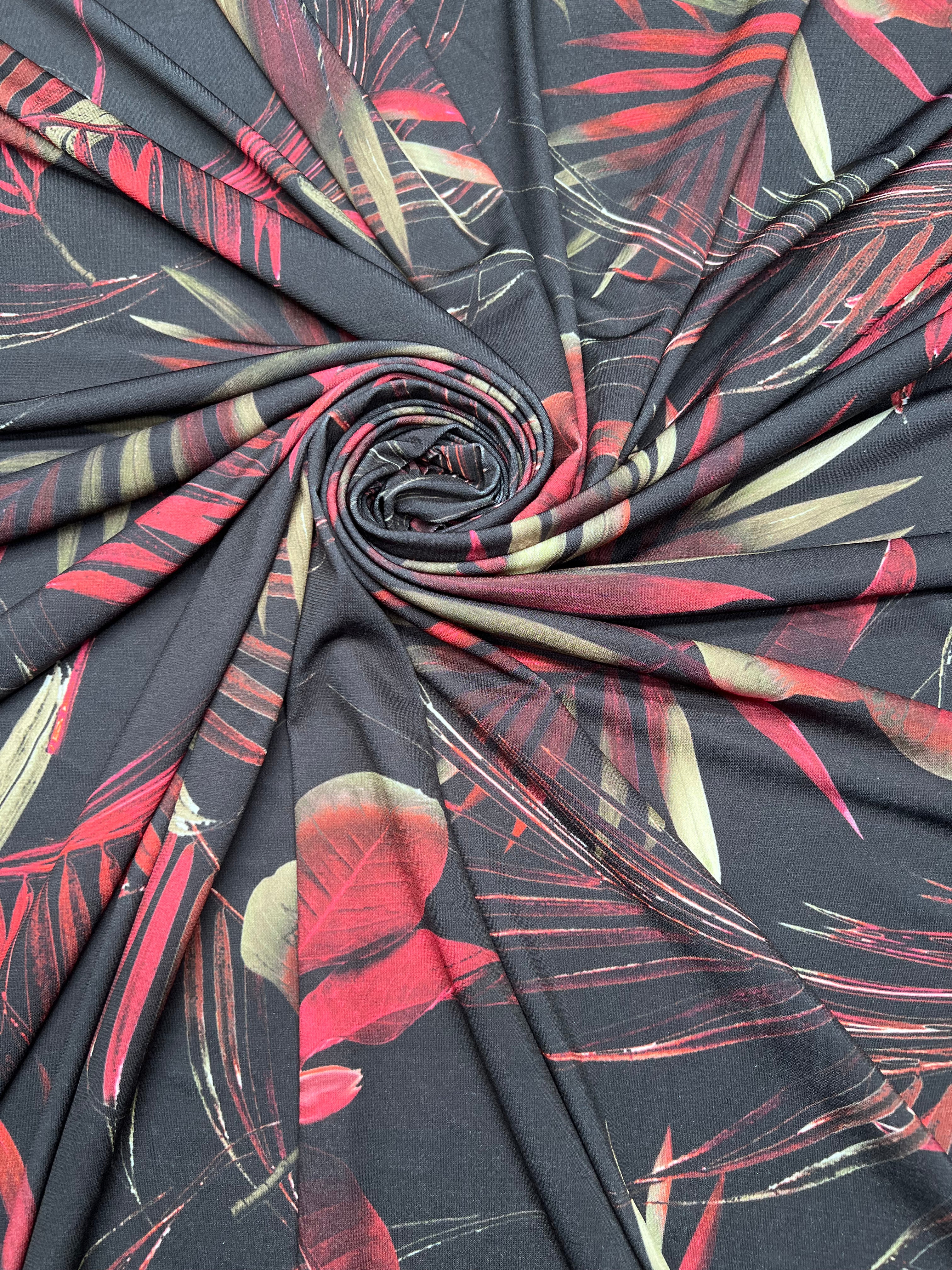 Exotic Dark Tropical Leaf Berry Red/Khaki Poly Spandex Knit Fabric 150cm