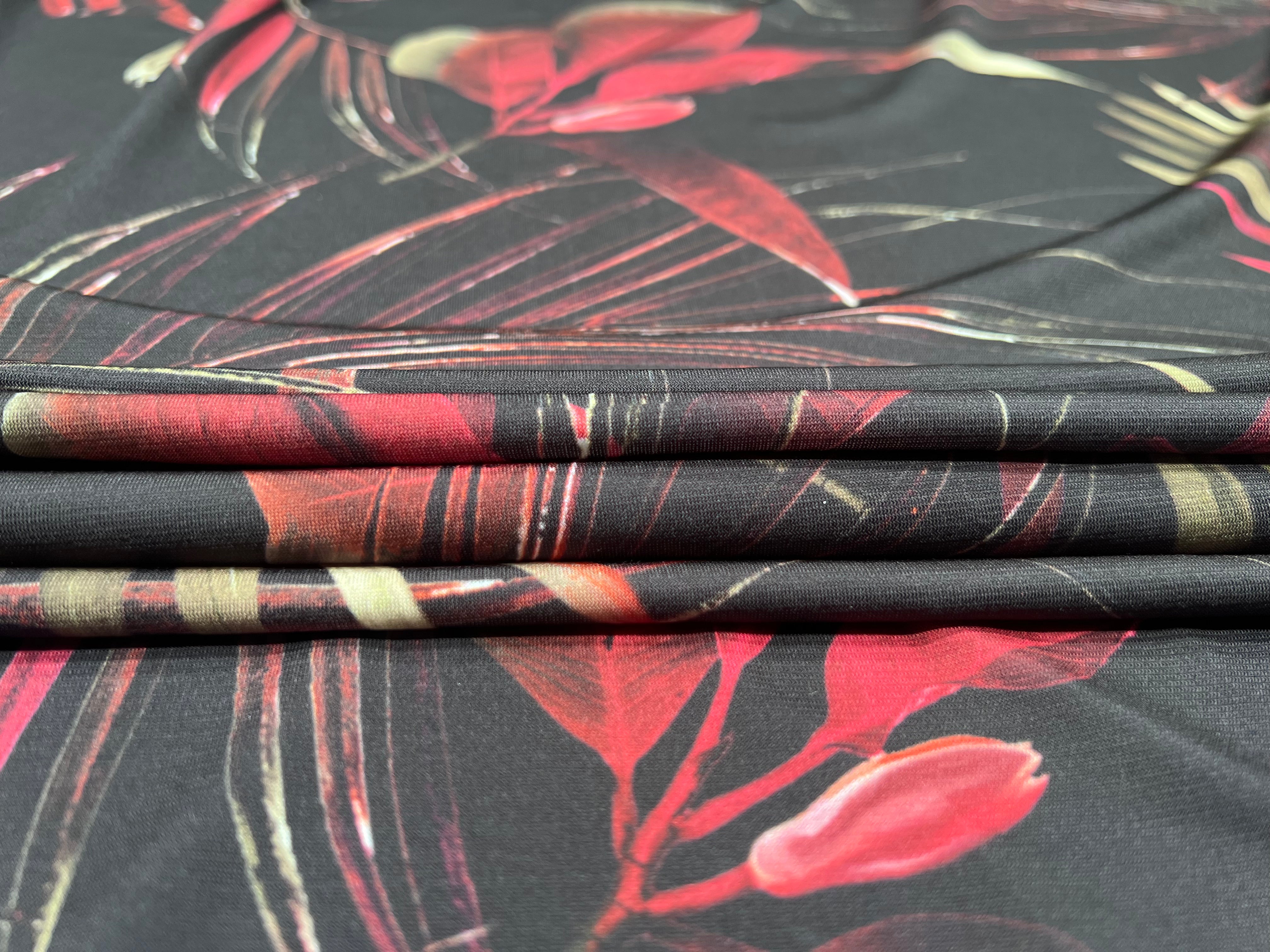 Exotic Dark Tropical Leaf Berry Red/Khaki Poly Spandex Knit Fabric 150cm