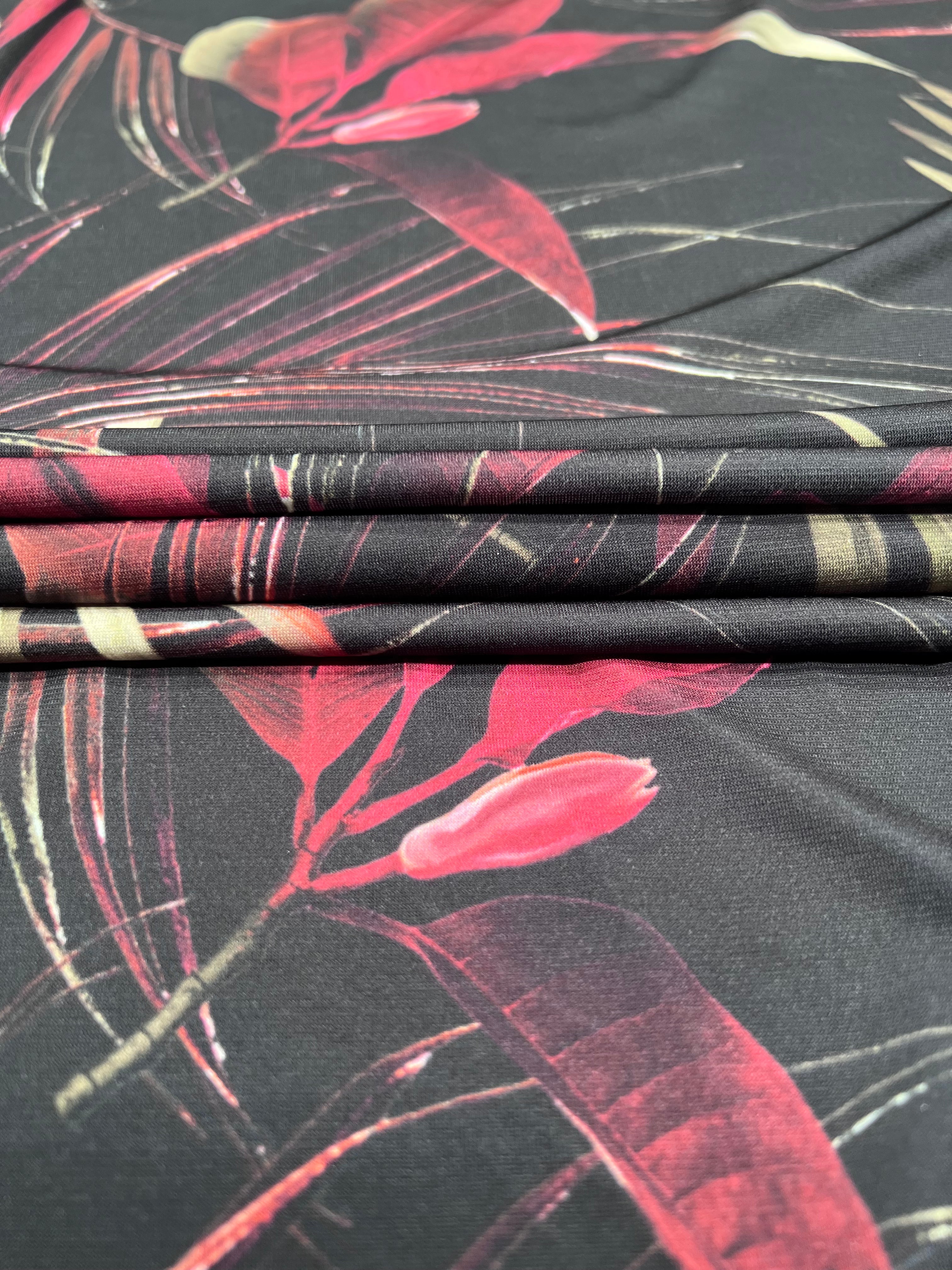 Exotic Dark Tropical Leaf Berry Red/Khaki Poly Spandex Knit Fabric 150cm