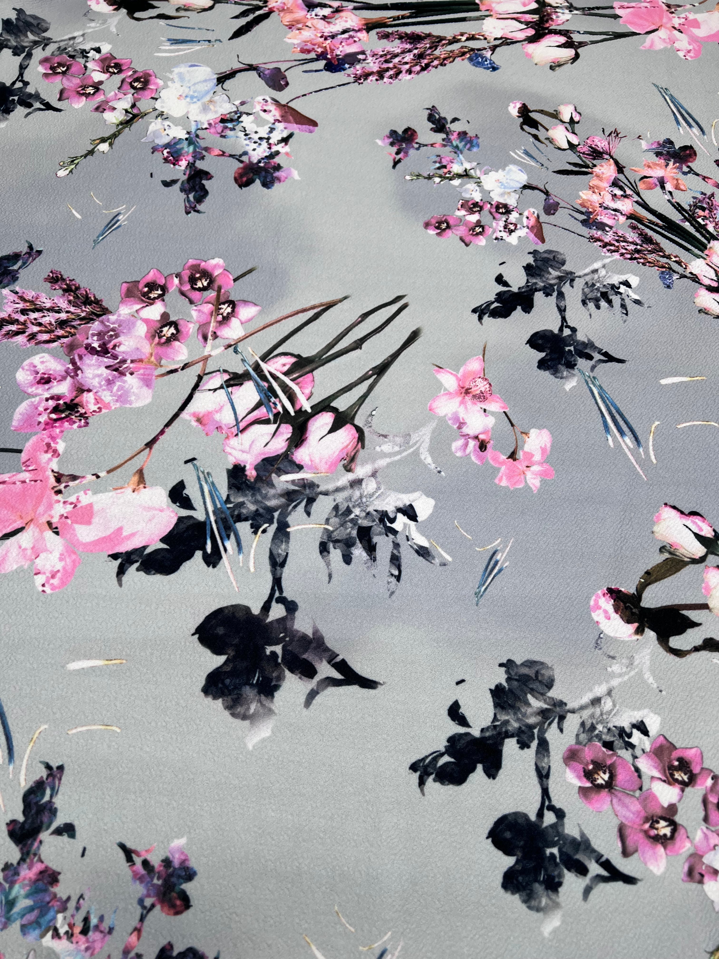 Grey Floral Pink Watercolor Liverpool Stretch Knit Fabric 142cm