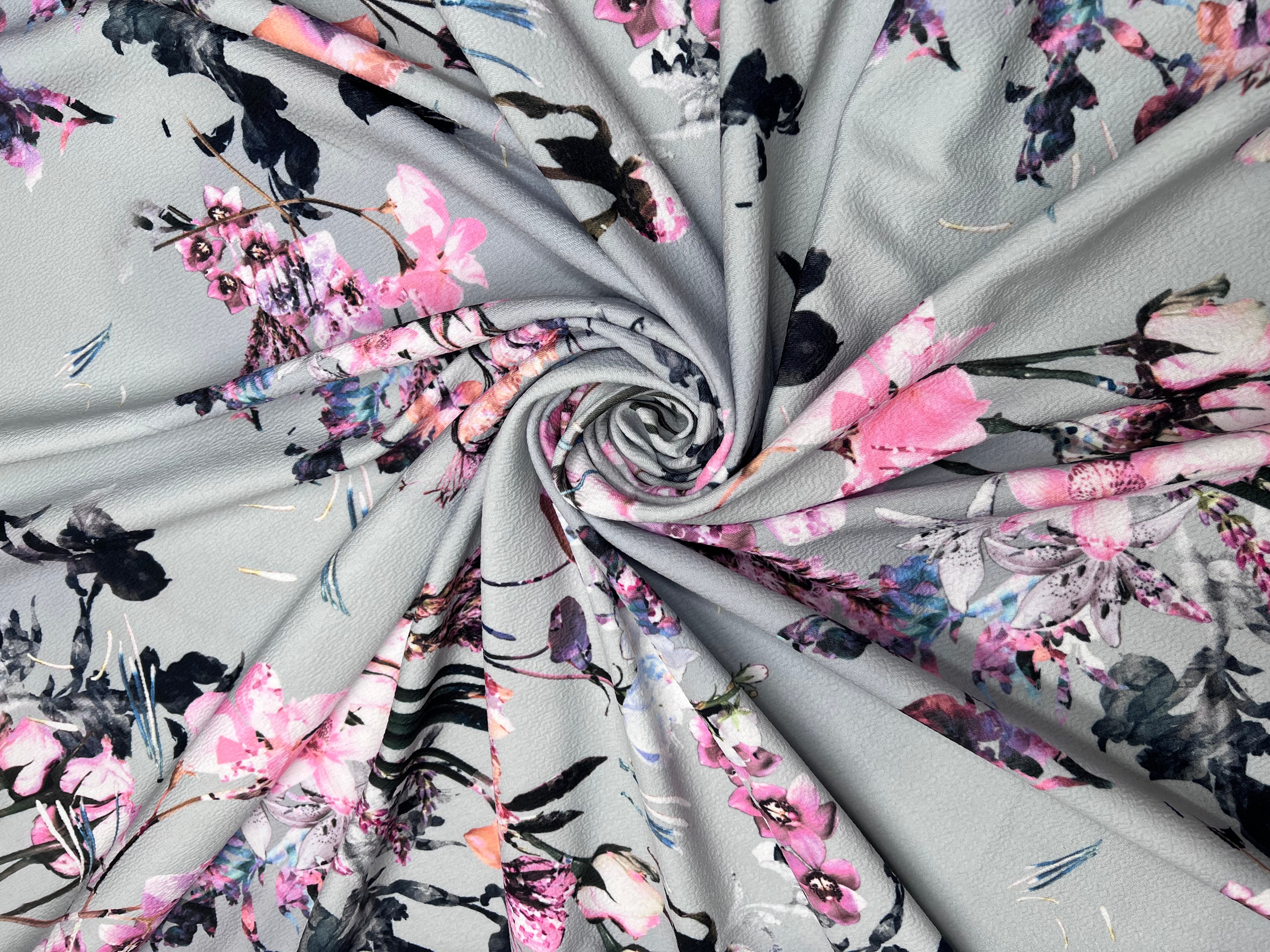 Grey Floral Pink Watercolor Liverpool Stretch Knit Fabric 142cm