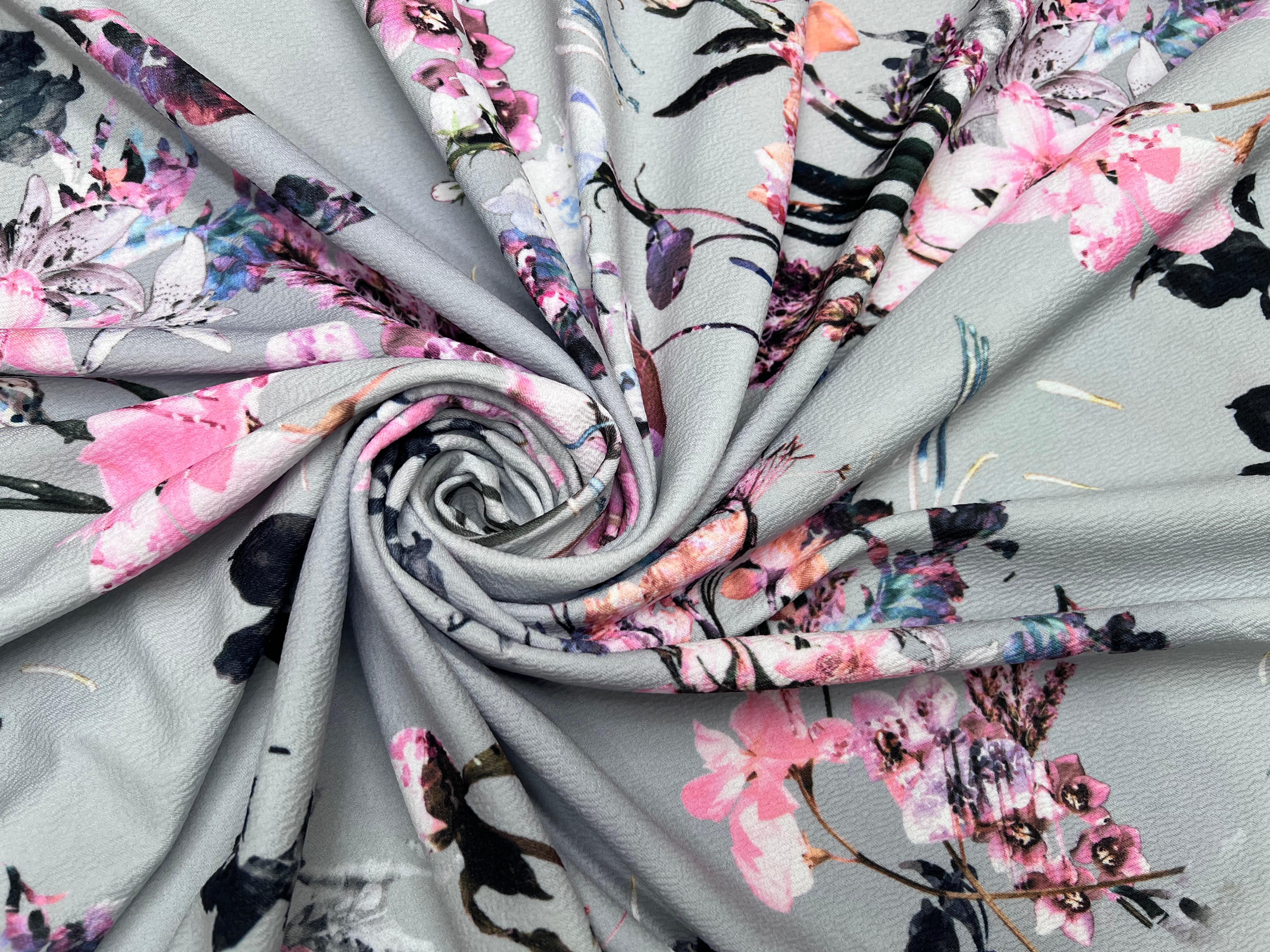 Grey Floral Pink Watercolor Liverpool Stretch Knit Fabric 142cm