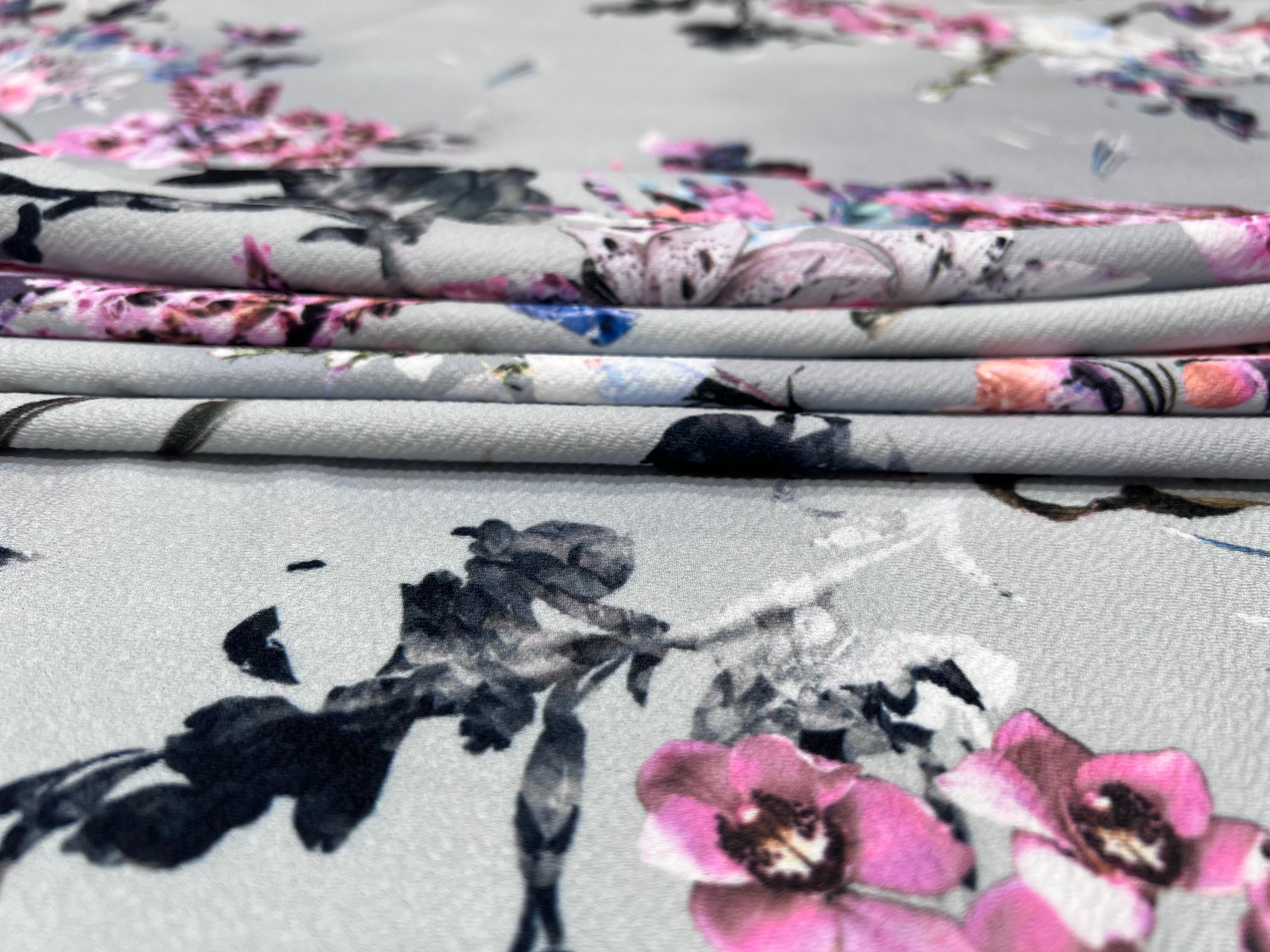 Grey Floral Pink Watercolor Liverpool Stretch Knit Fabric 142cm