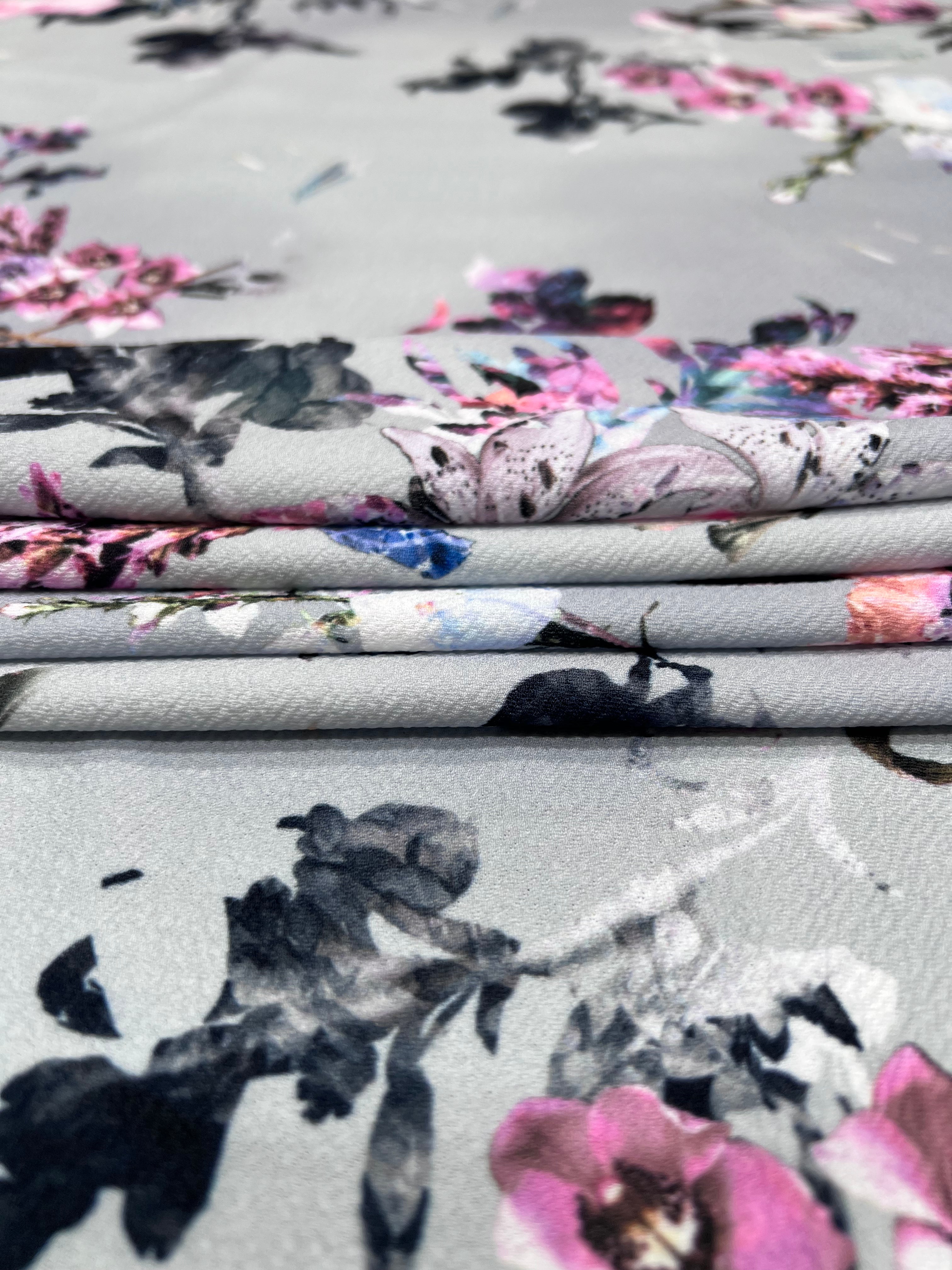 Grey Floral Pink Watercolor Liverpool Stretch Knit Fabric 142cm