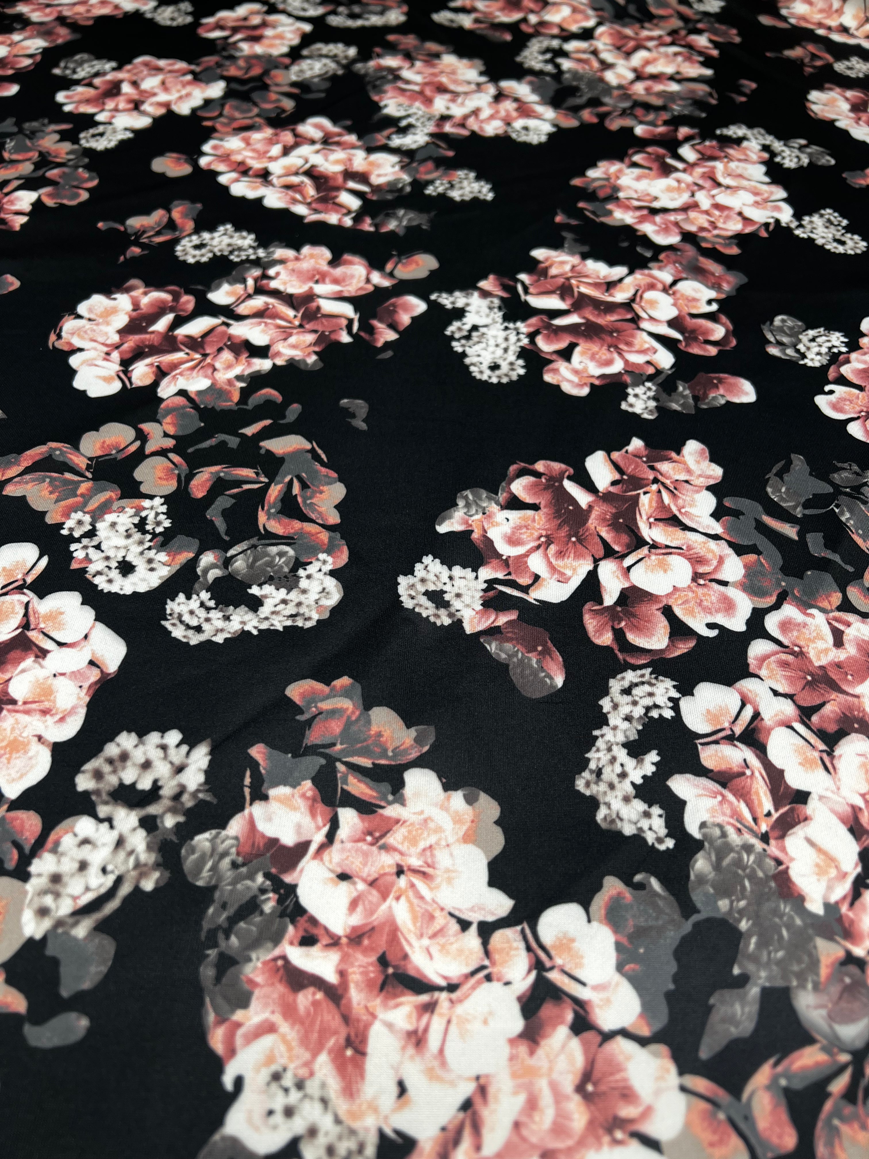 Black Scuba Stretch Knit Dusty Rose Floral Print Fabric Stretch 150cm