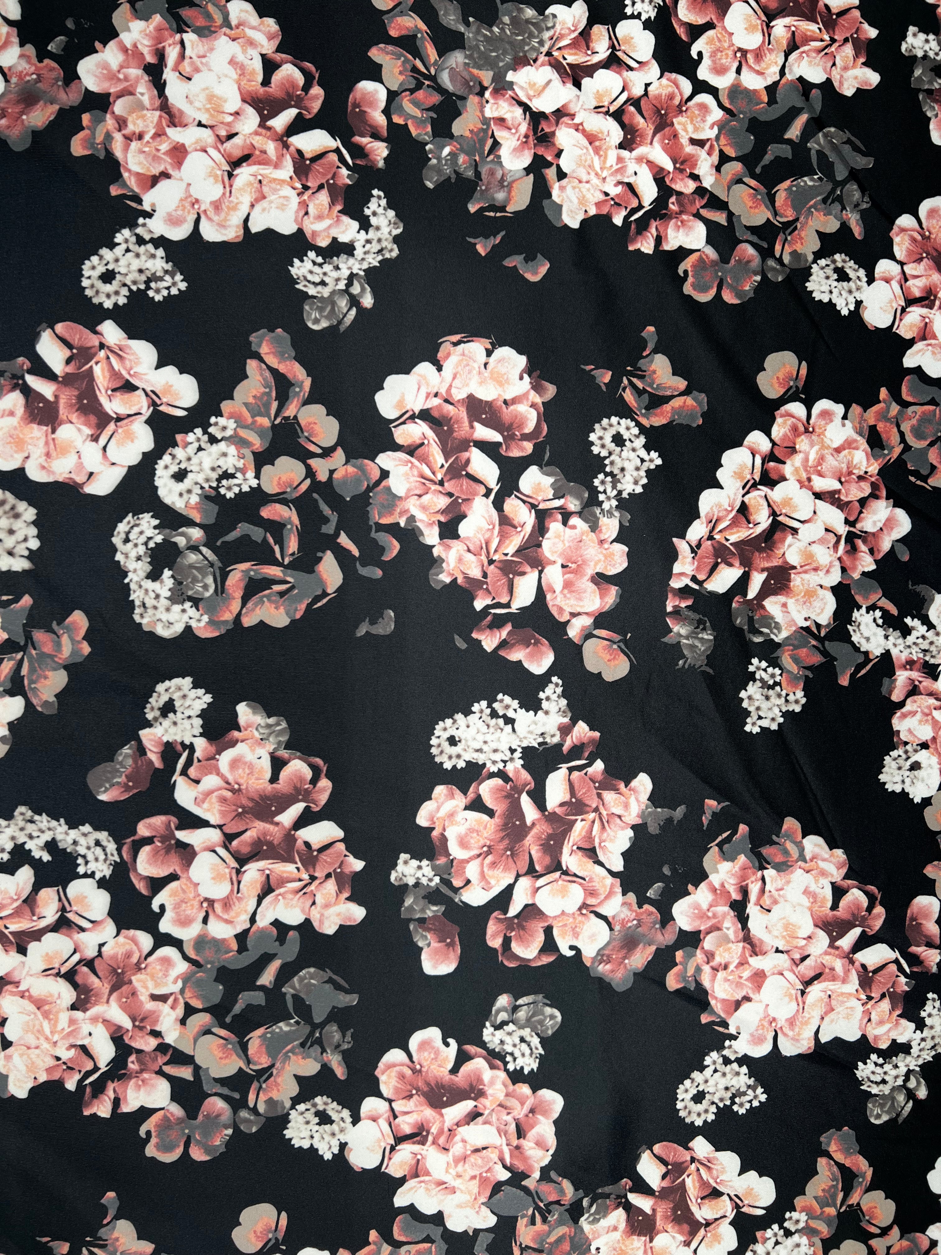 Black Scuba Stretch Knit Dusty Rose Floral Print Fabric Stretch 150cm