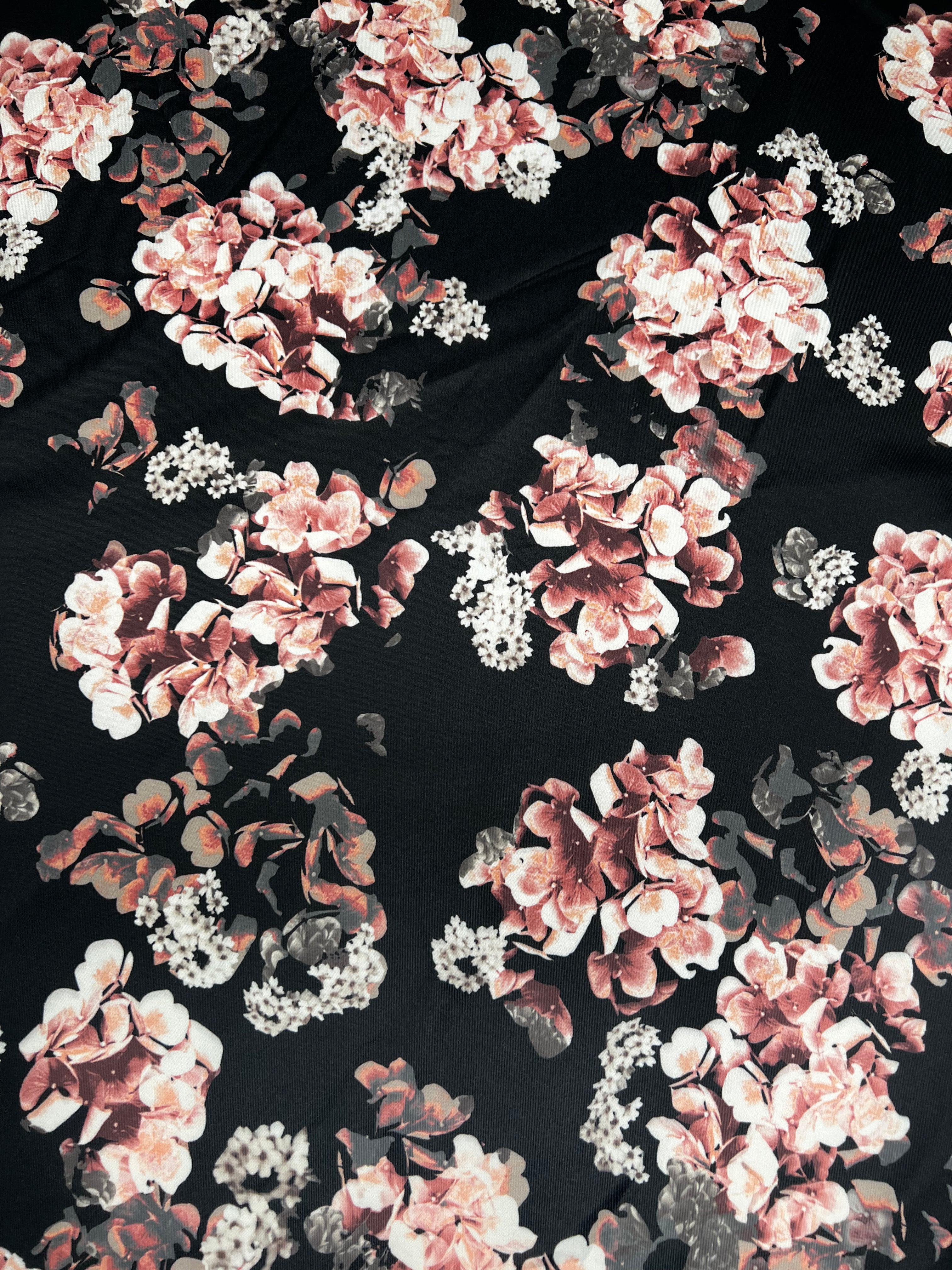 Black Scuba Stretch Knit Dusty Rose Floral Print Fabric Stretch 150cm