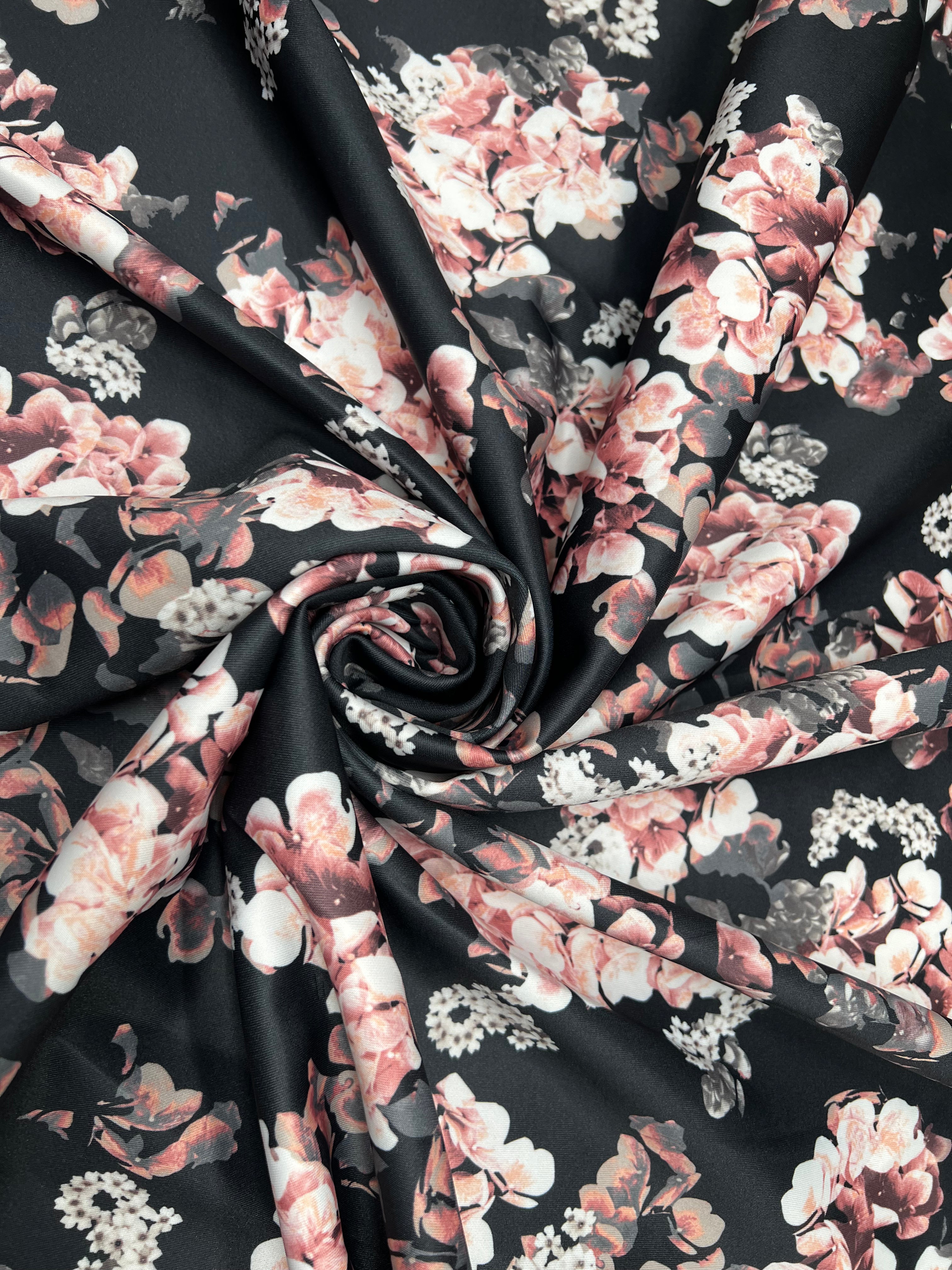 Black Scuba Stretch Knit Dusty Rose Floral Print Fabric Stretch 150cm