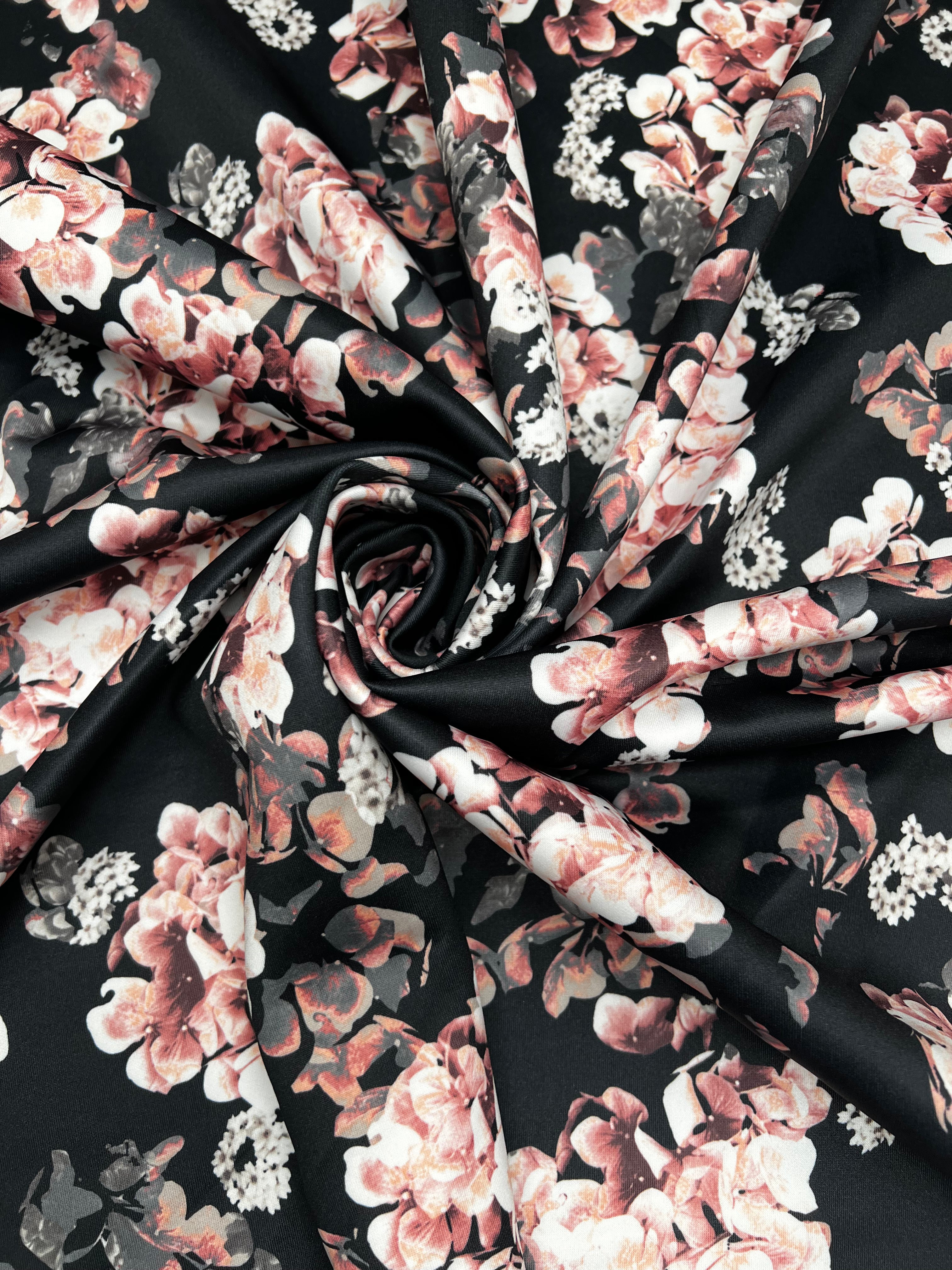 Black Scuba Stretch Knit Dusty Rose Floral Print Fabric Stretch 150cm