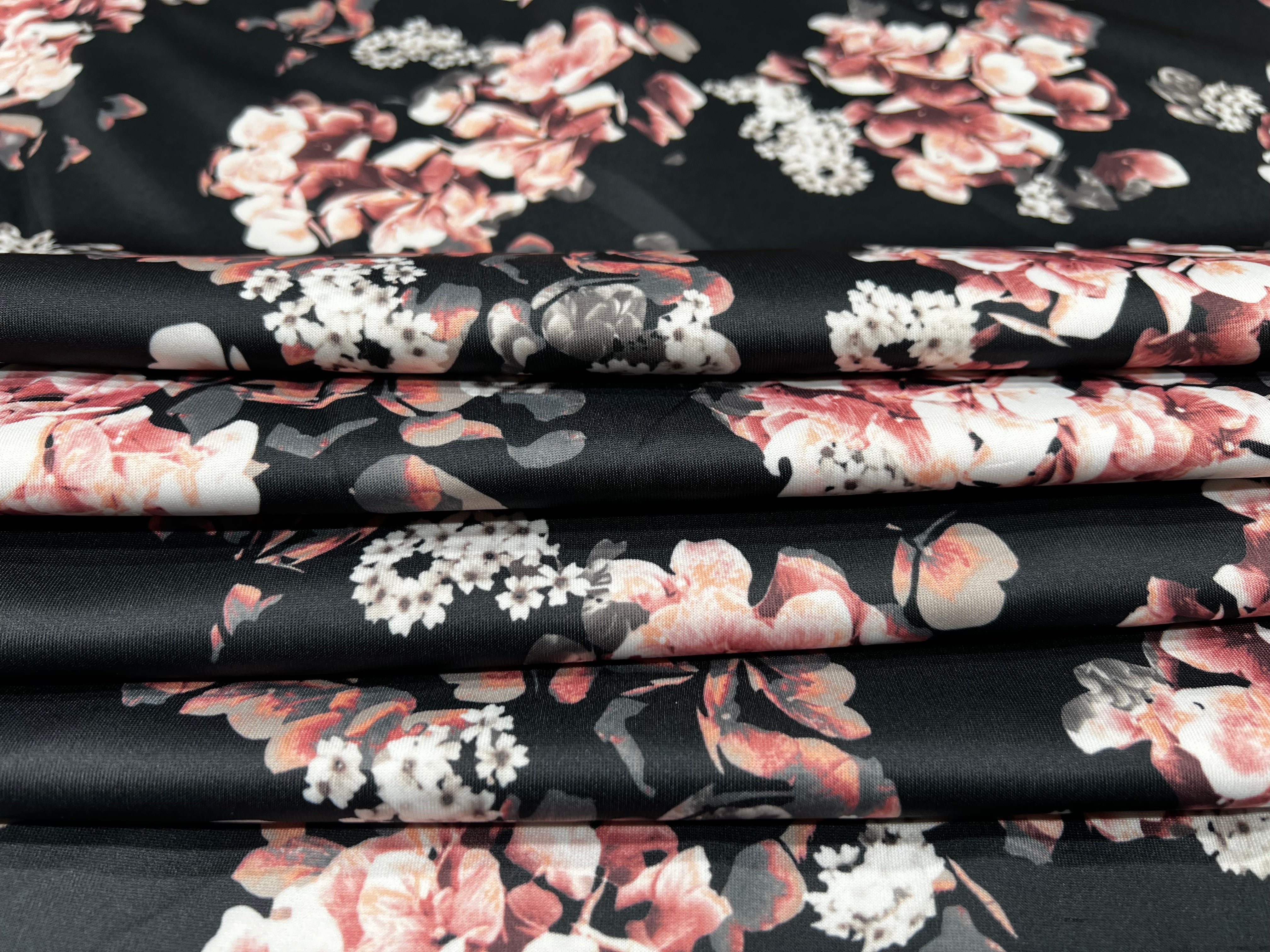 Black Scuba Stretch Knit Dusty Rose Floral Print Fabric Stretch 150cm