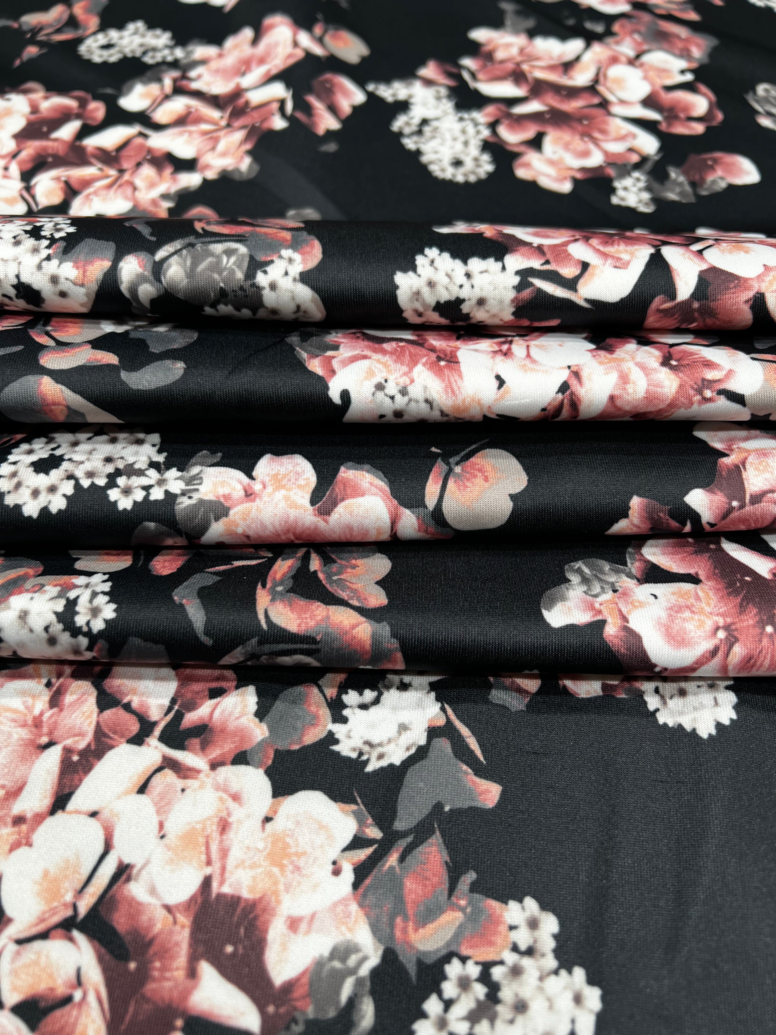 Black Scuba Stretch Knit Dusty Rose Floral Print Fabric Stretch 150cm