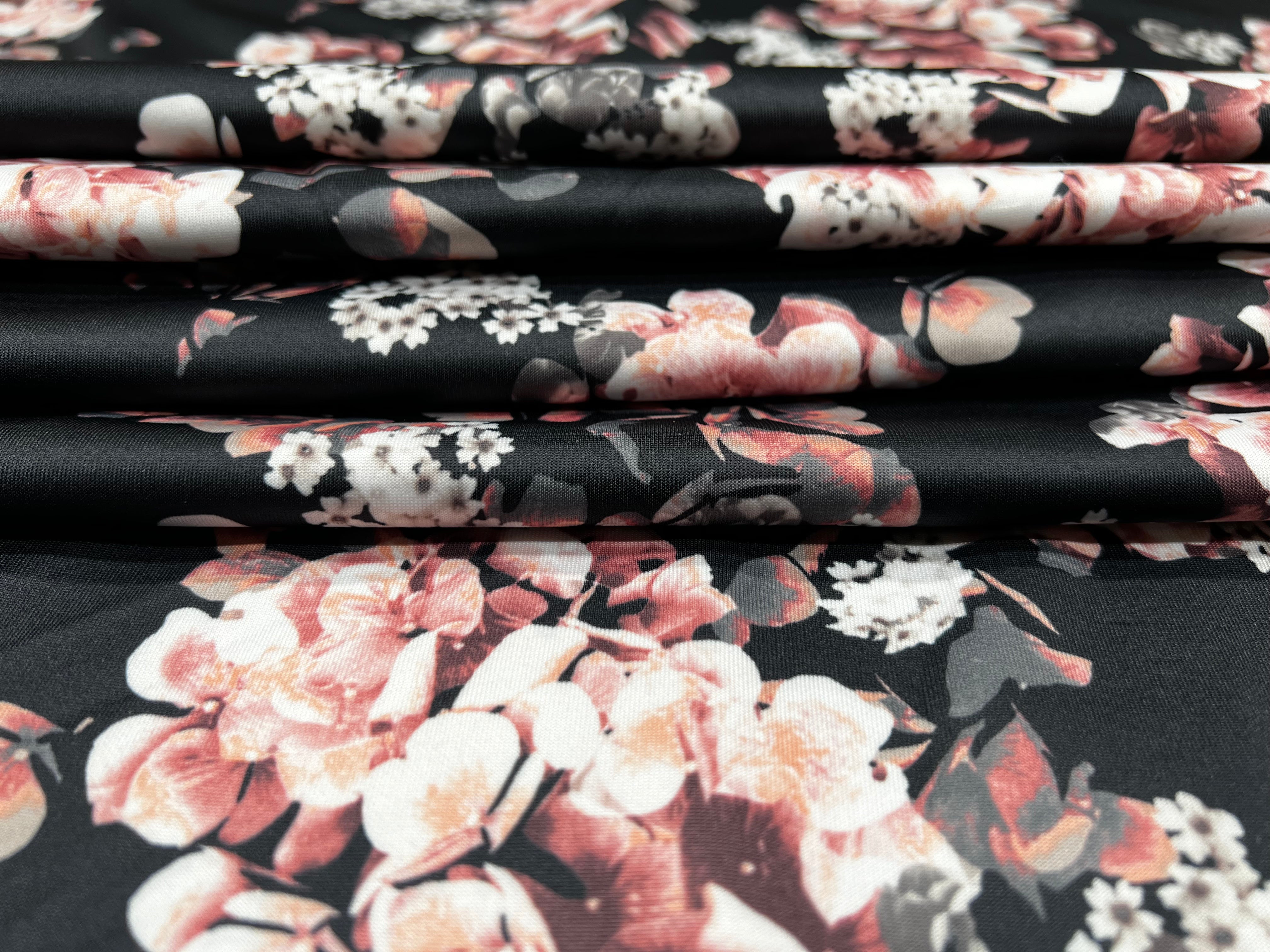 Black Scuba Stretch Knit Dusty Rose Floral Print Fabric Stretch 150cm