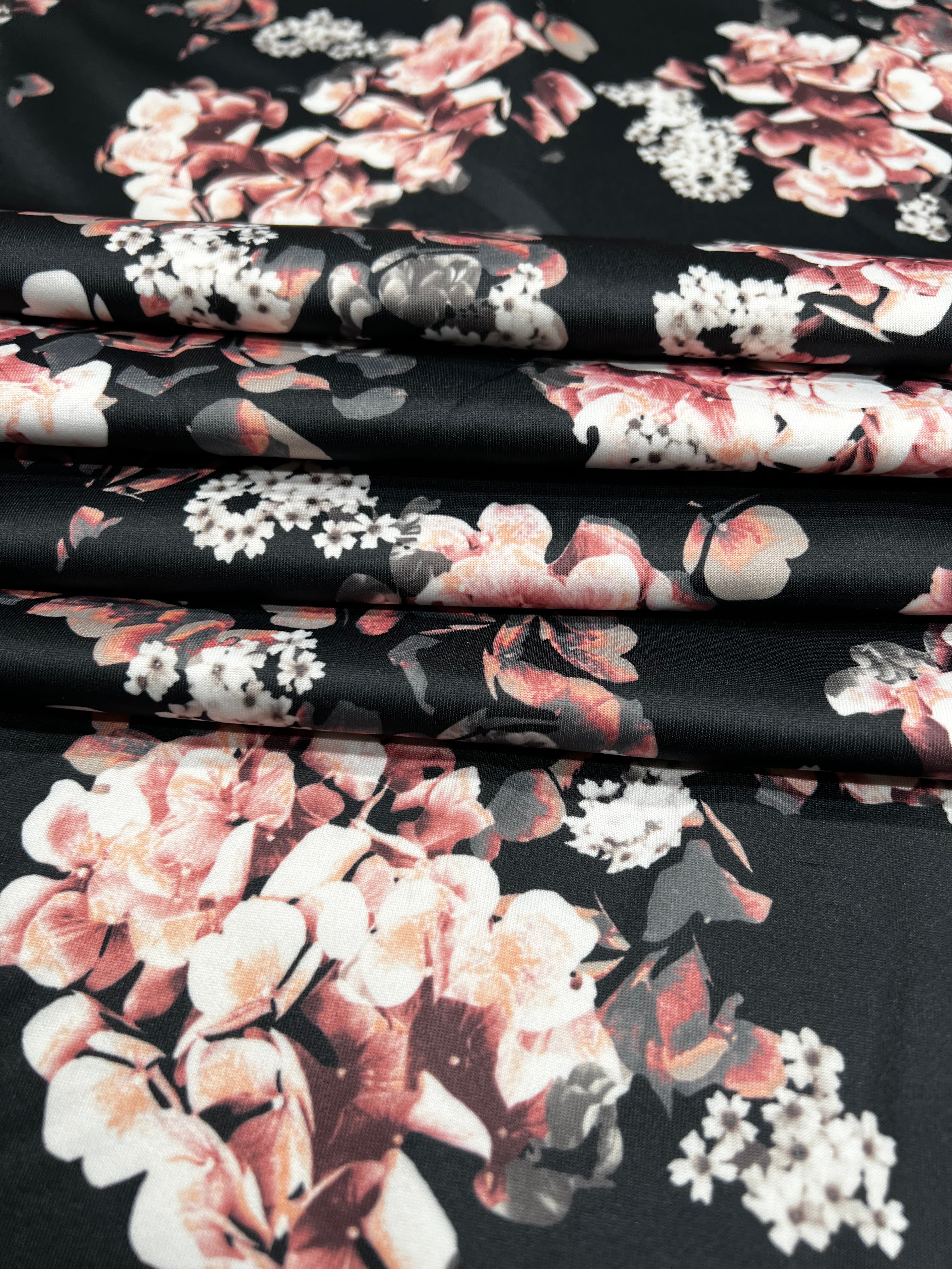 Black Scuba Stretch Knit Dusty Rose Floral Print Fabric Stretch 150cm