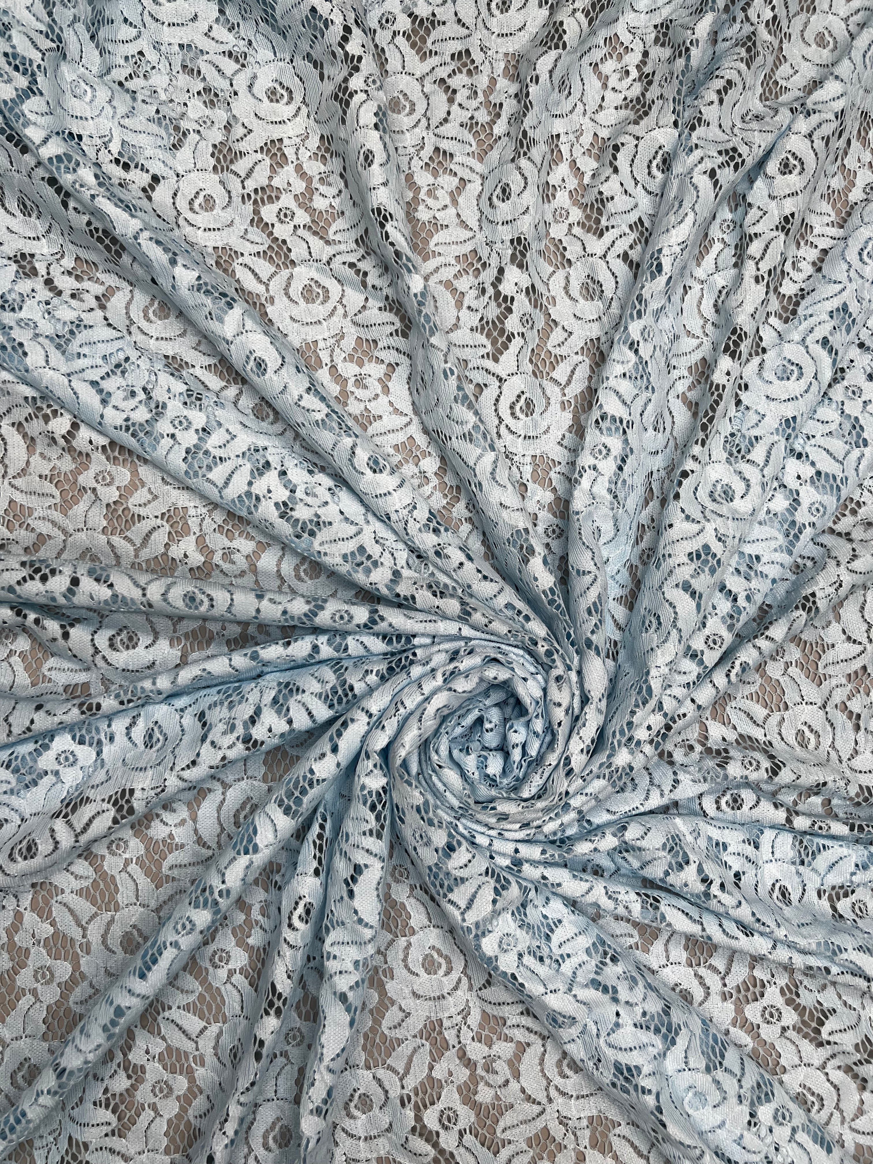 Pale Blue Fine Guage Floral Lace Soft Stretch Dressmaking Fabric 150cm