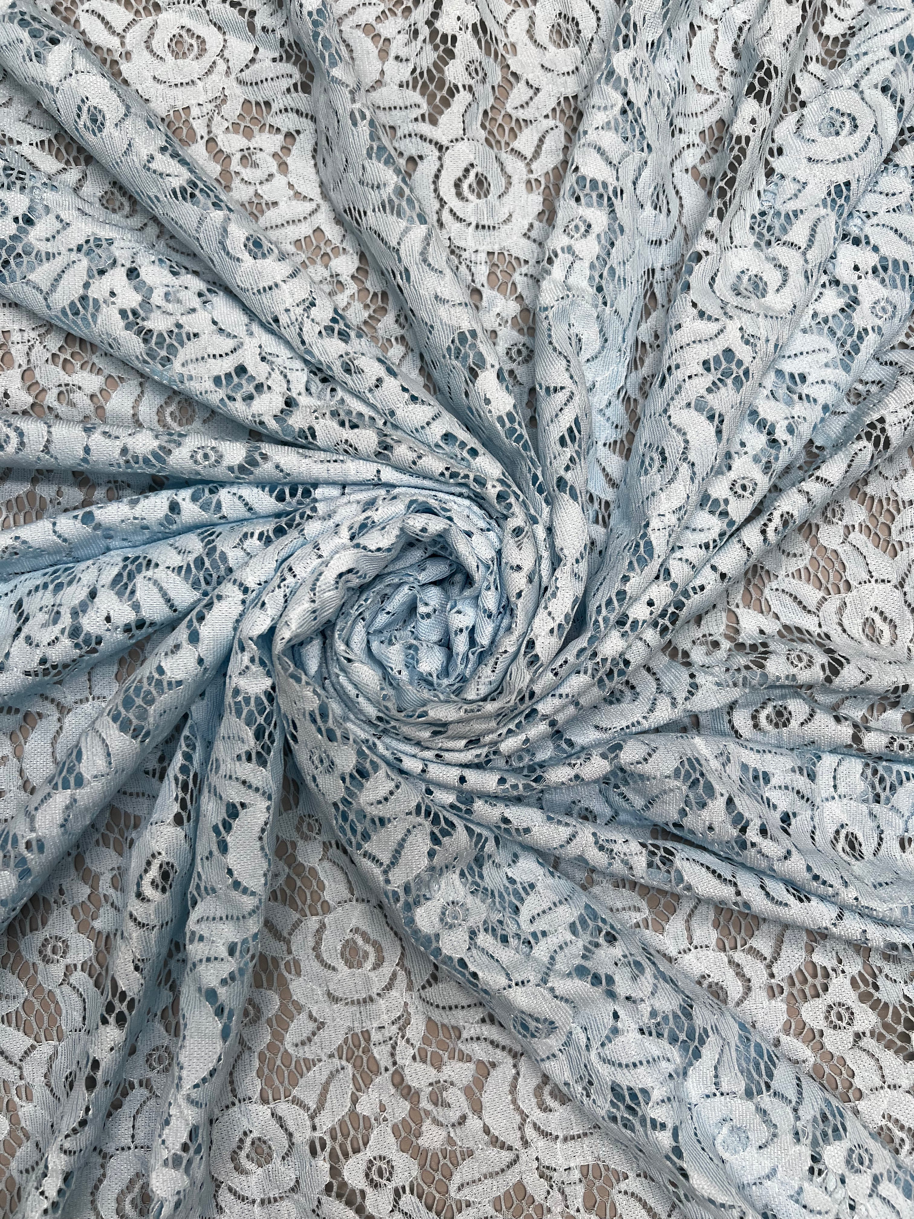 Pale Blue Fine Guage Floral Lace Soft Stretch Dressmaking Fabric 150cm