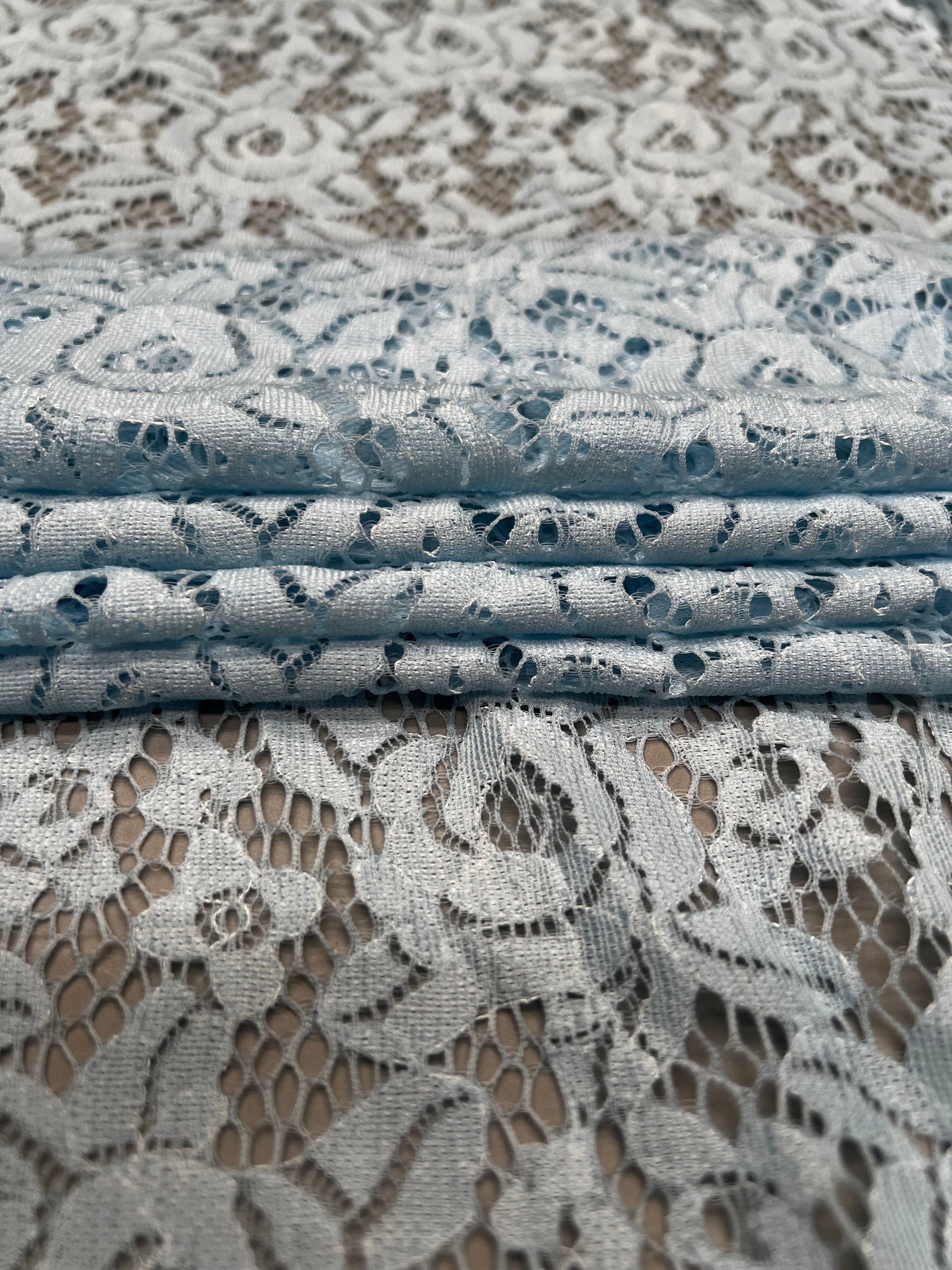 Pale Blue Fine Guage Floral Lace Soft Stretch Dressmaking Fabric 150cm