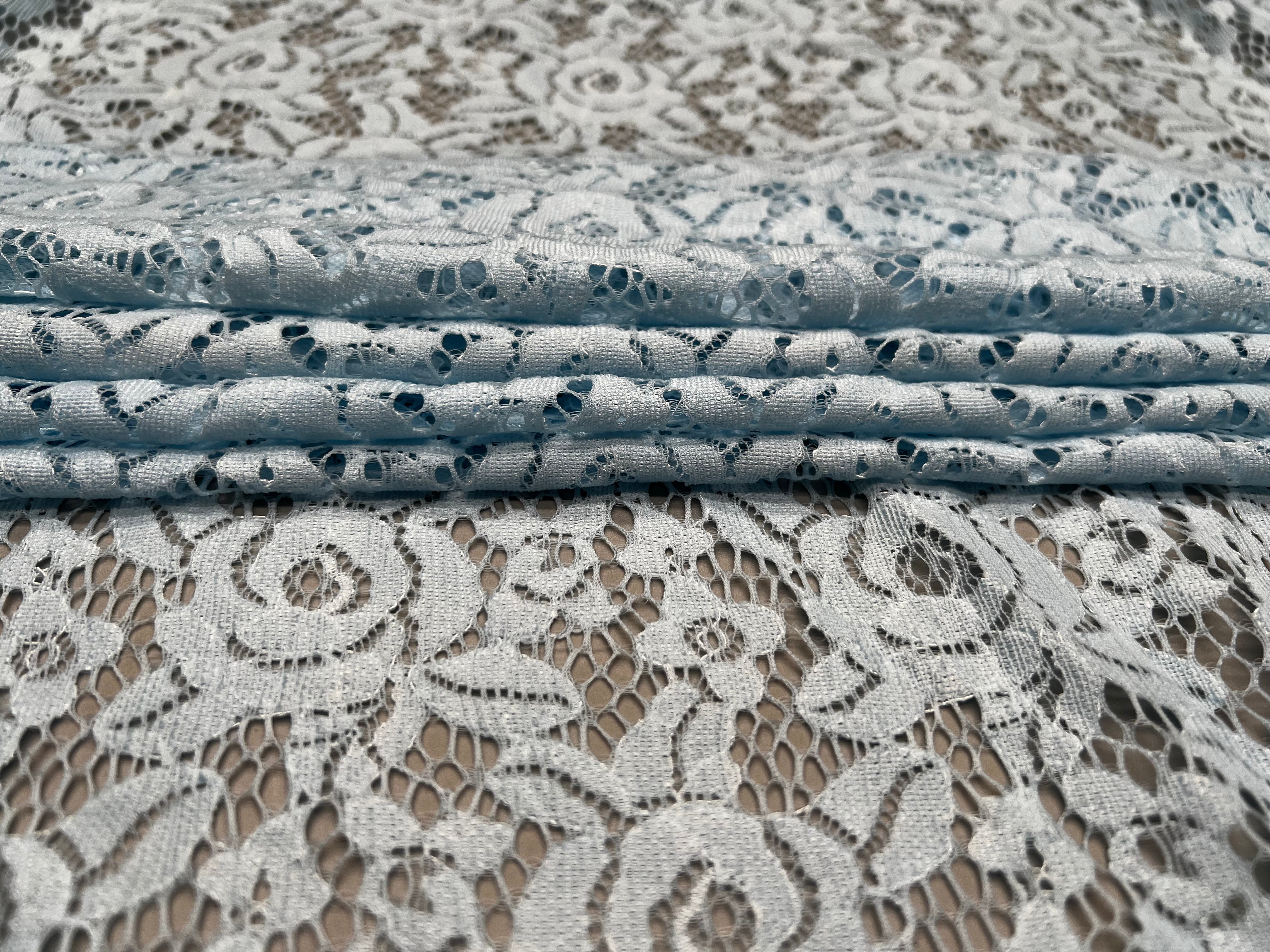 Pale Blue Fine Guage Floral Lace Soft Stretch Dressmaking Fabric 150cm
