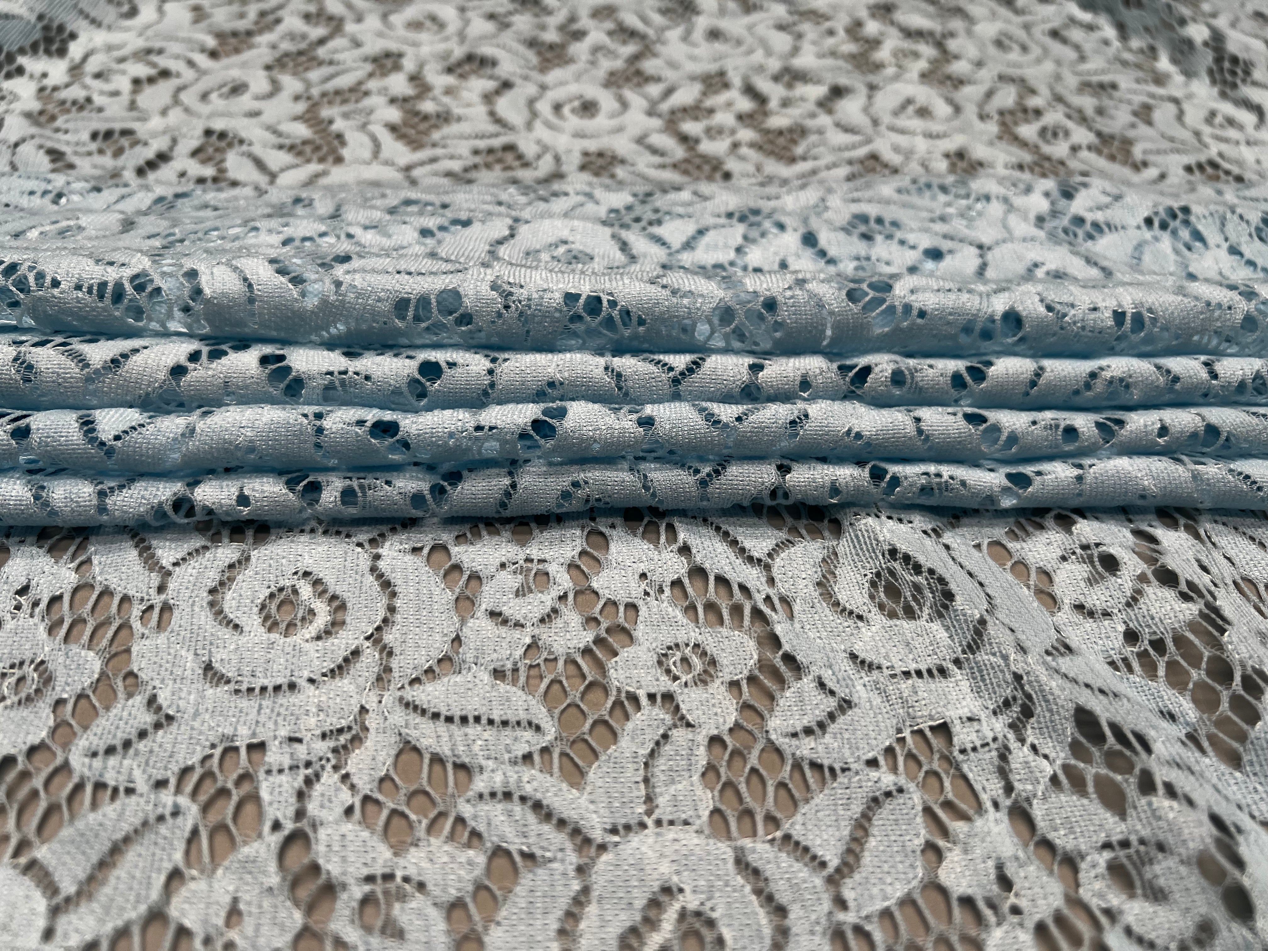 Pale Blue Fine Guage Floral Lace Soft Stretch Dressmaking Fabric 150cm