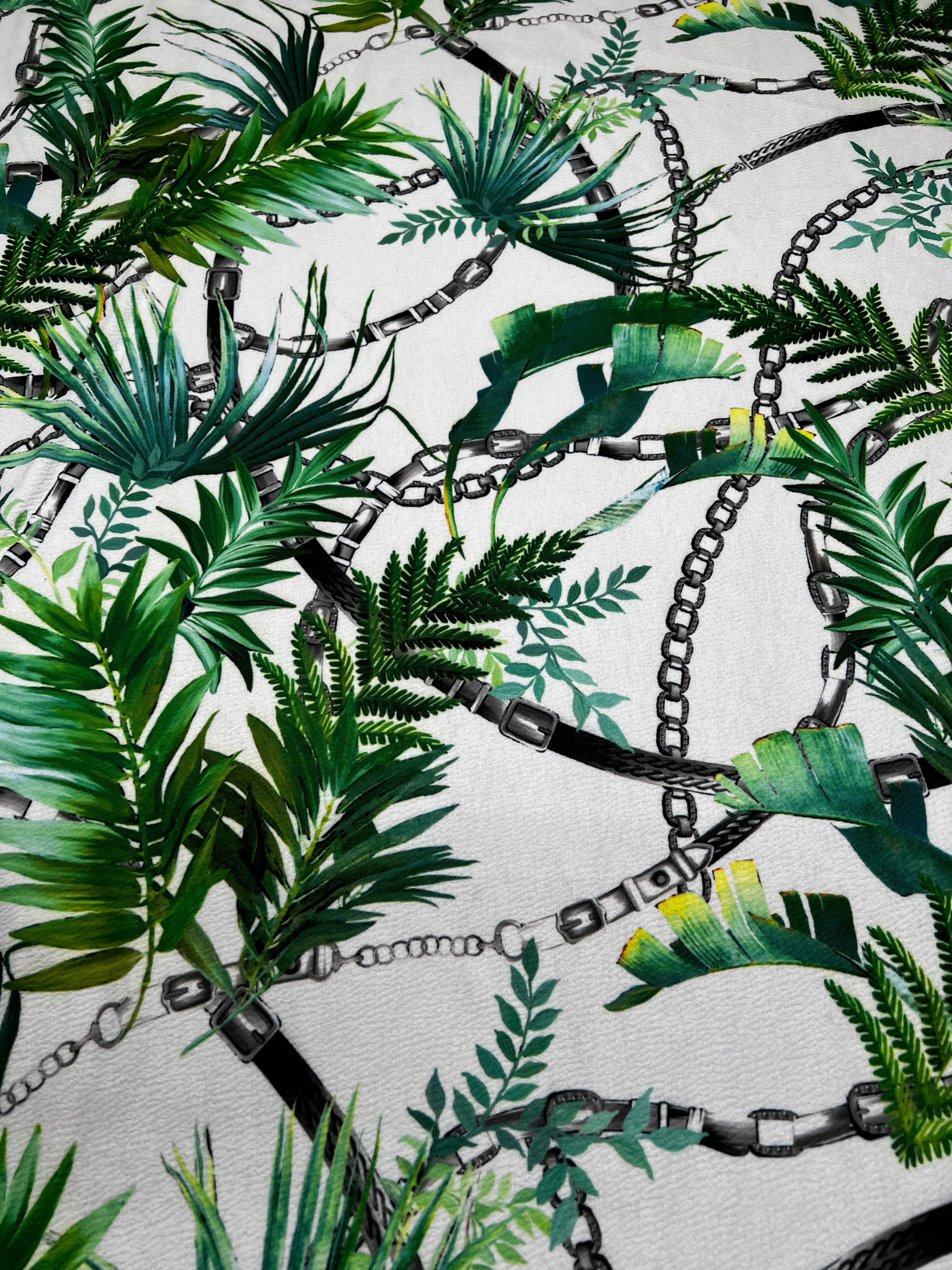 White Tropical Palm Leaf & Black Chain Print Textured Apparel Fabric 148cm