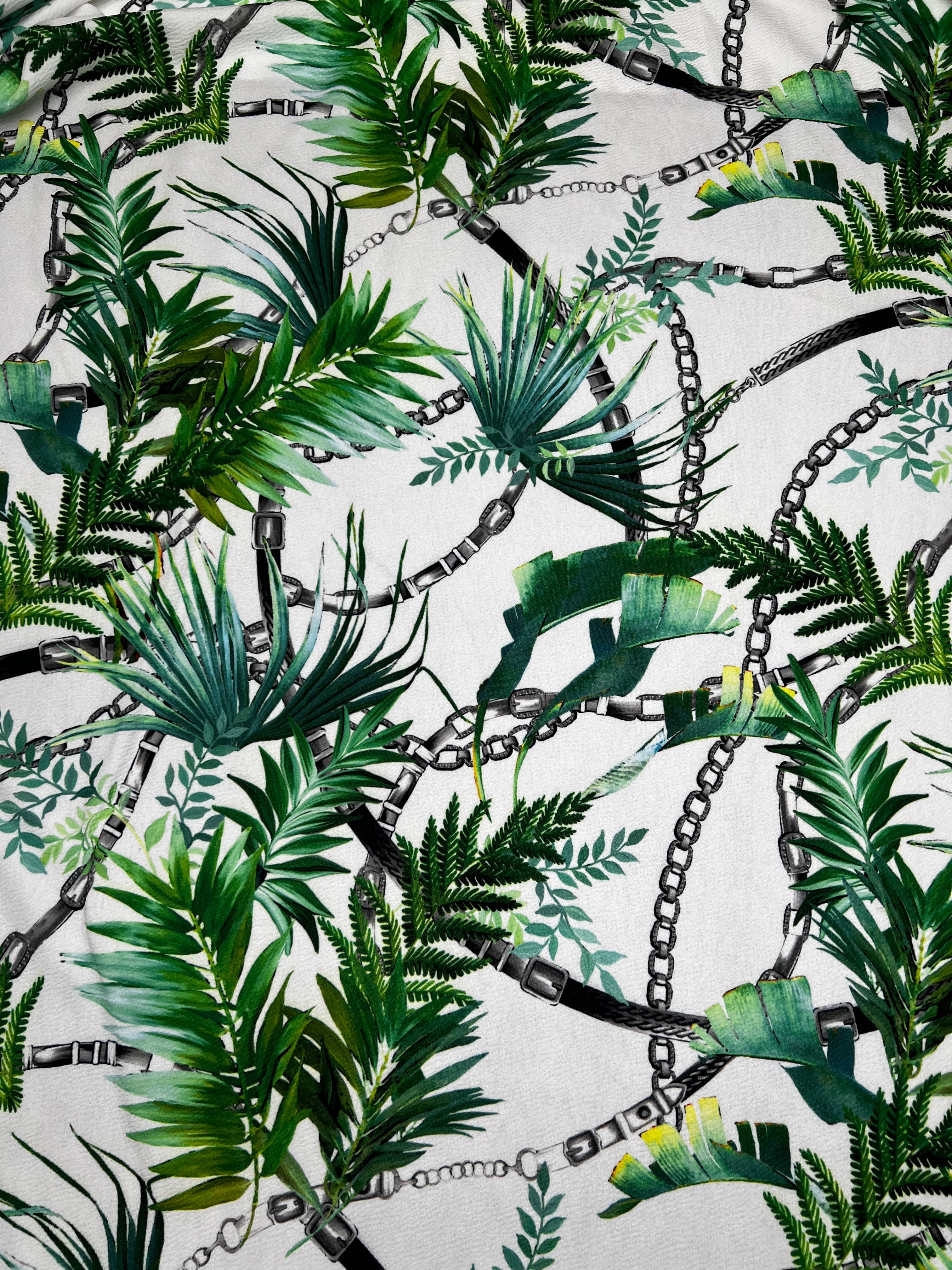 White Tropical Palm Leaf & Black Chain Print Textured Apparel Fabric 148cm