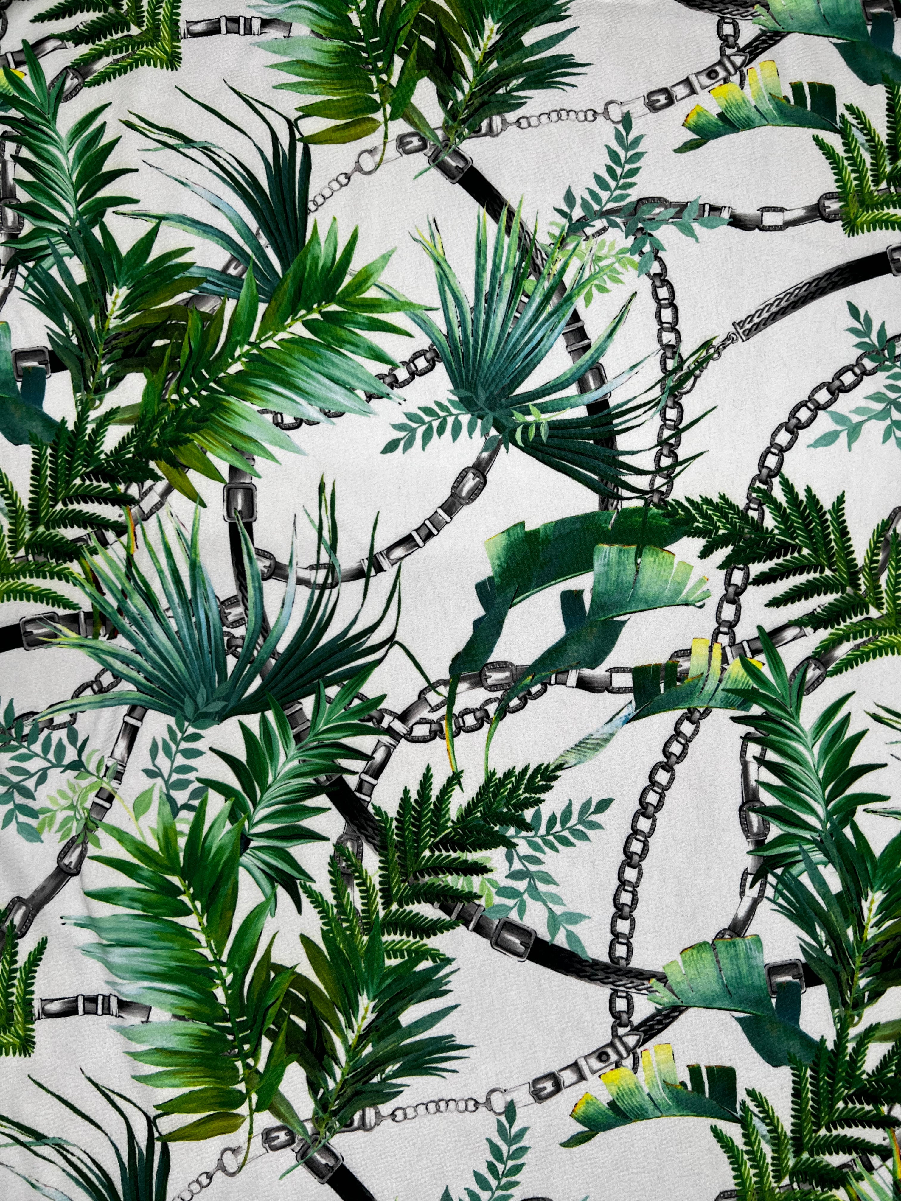 White Tropical Palm Leaf & Black Chain Print Textured Apparel Fabric 148cm