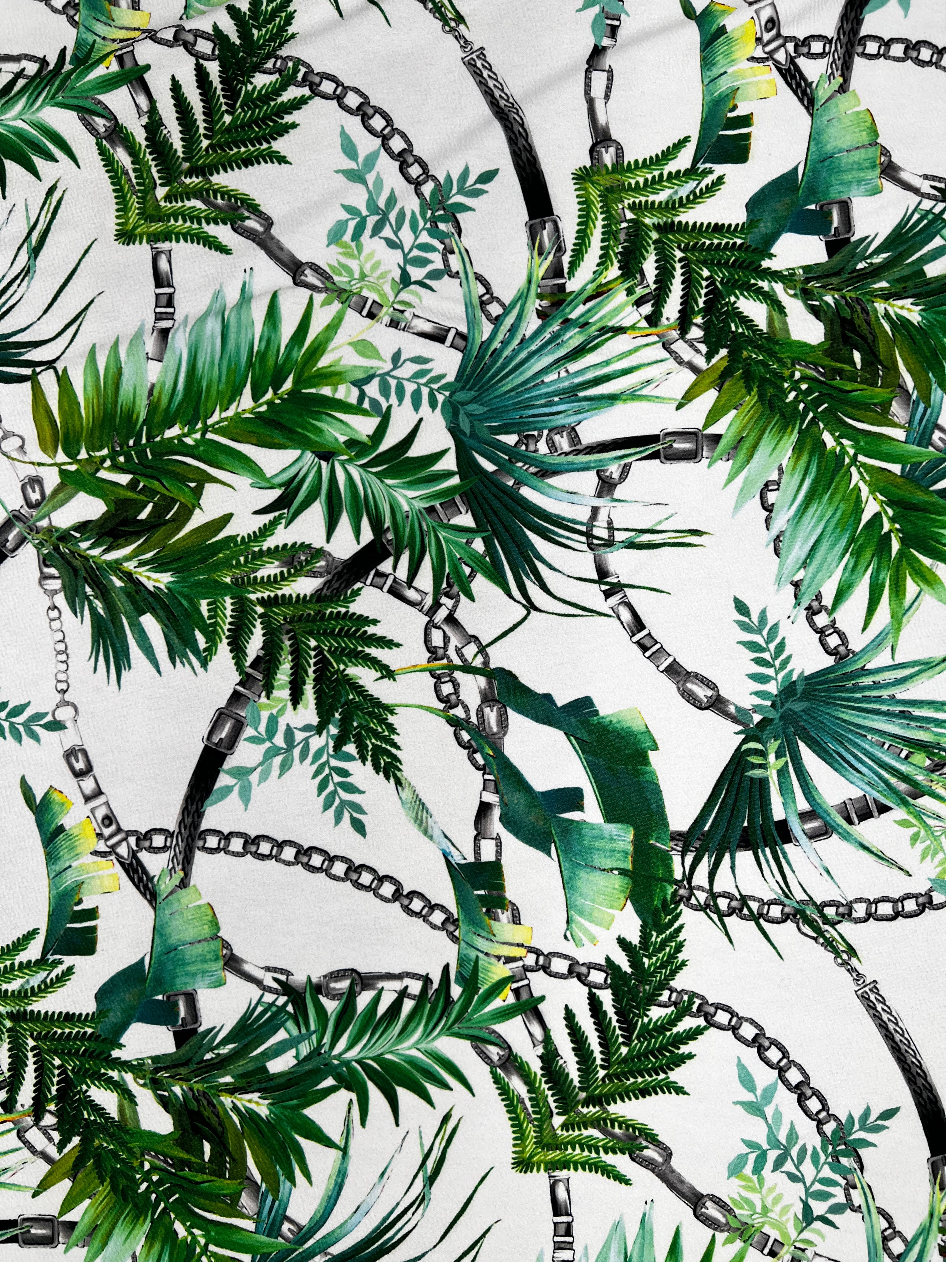 White Tropical Palm Leaf & Black Chain Print Textured Apparel Fabric 148cm