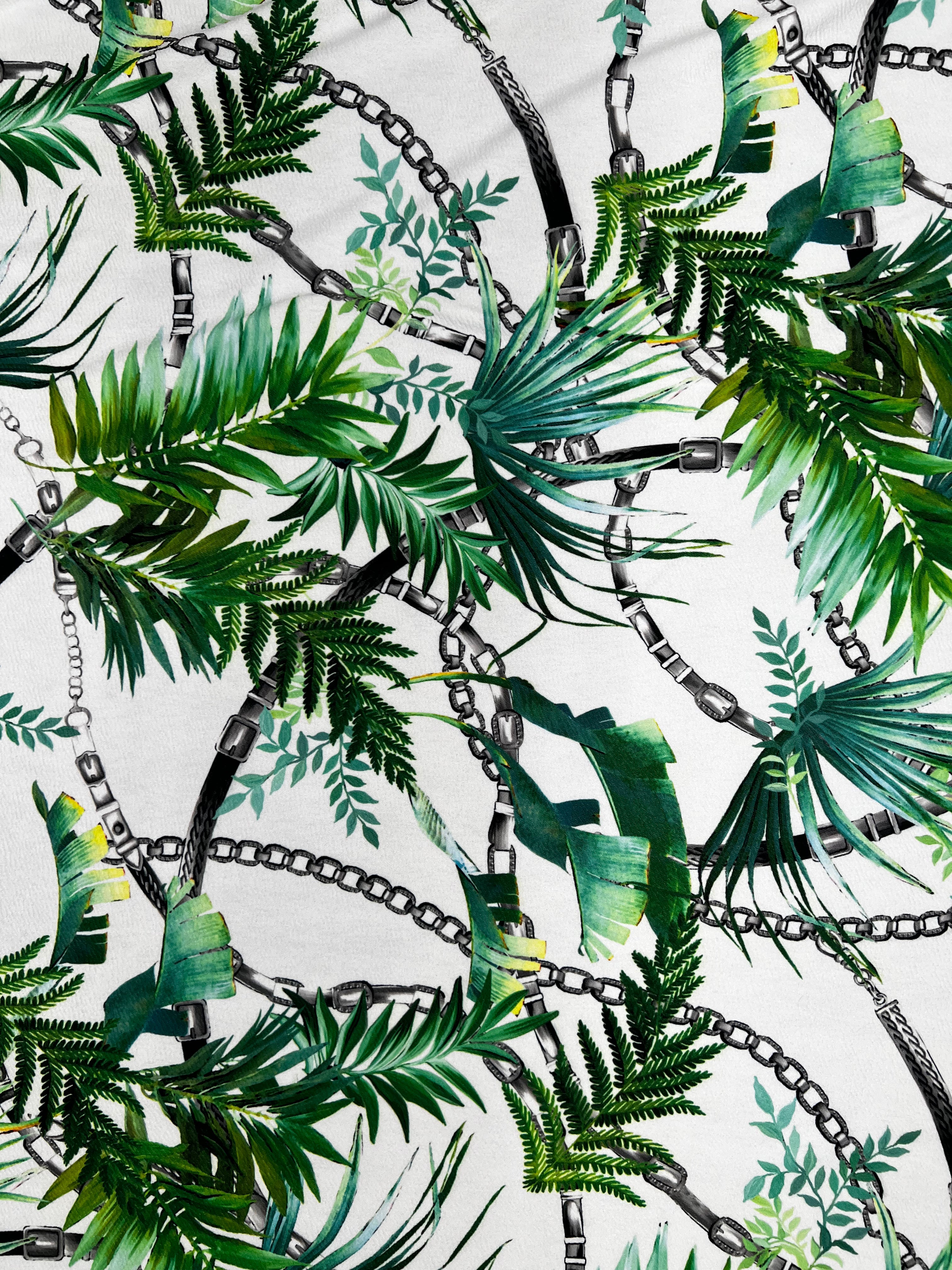 White Tropical Palm Leaf & Black Chain Print Textured Apparel Fabric 148cm