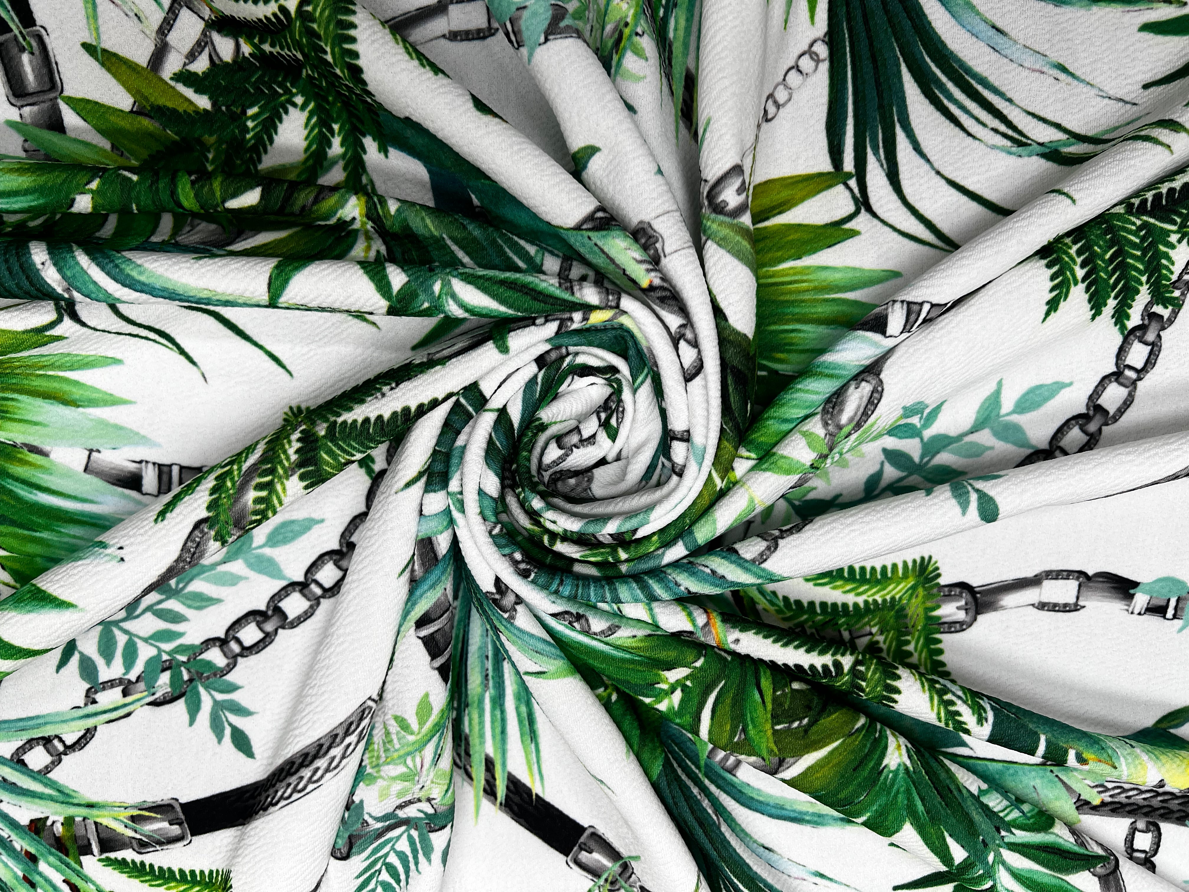 White Tropical Palm Leaf & Black Chain Print Textured Apparel Fabric 148cm