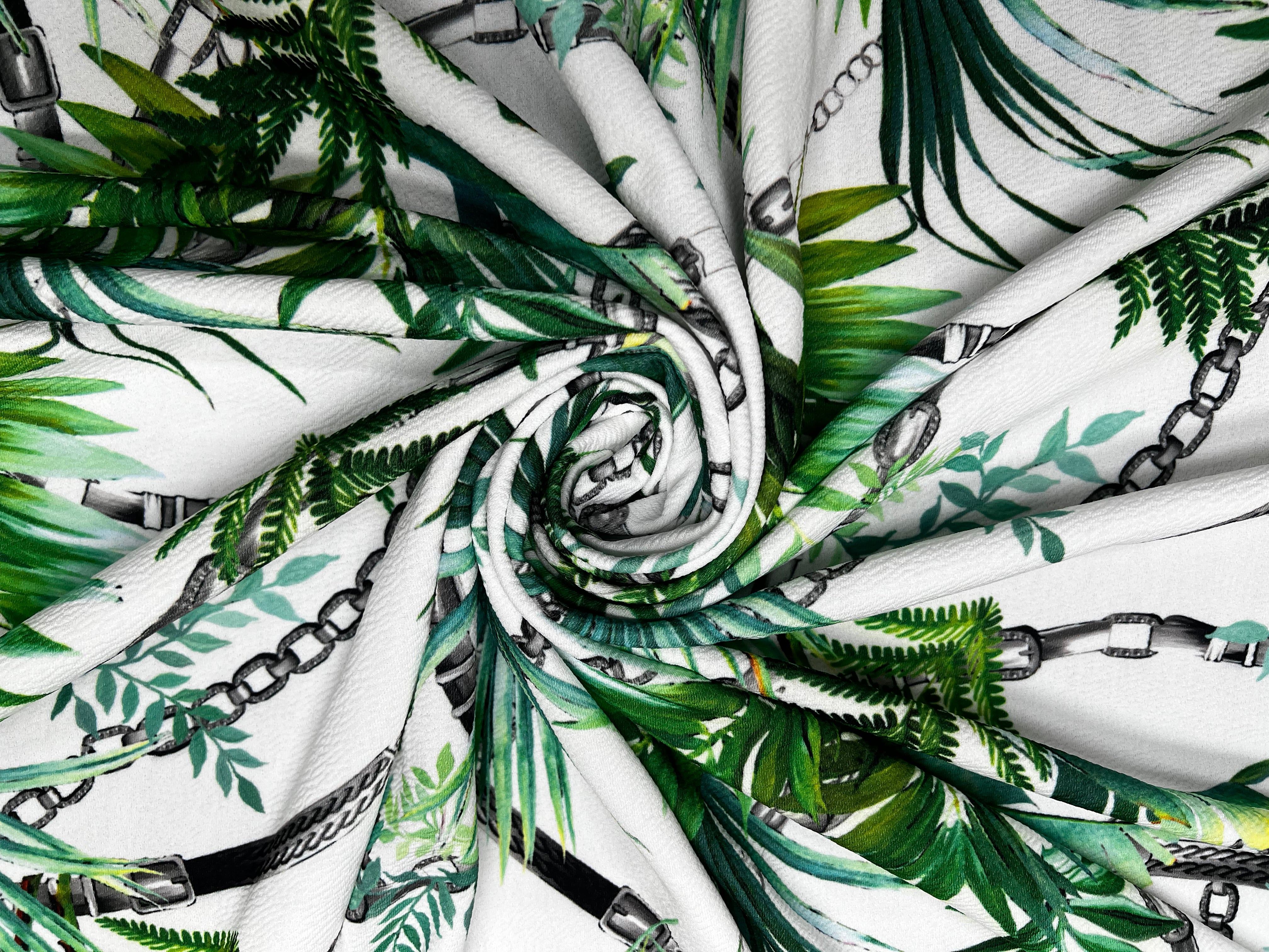 White Tropical Palm Leaf & Black Chain Print Textured Apparel Fabric 148cm