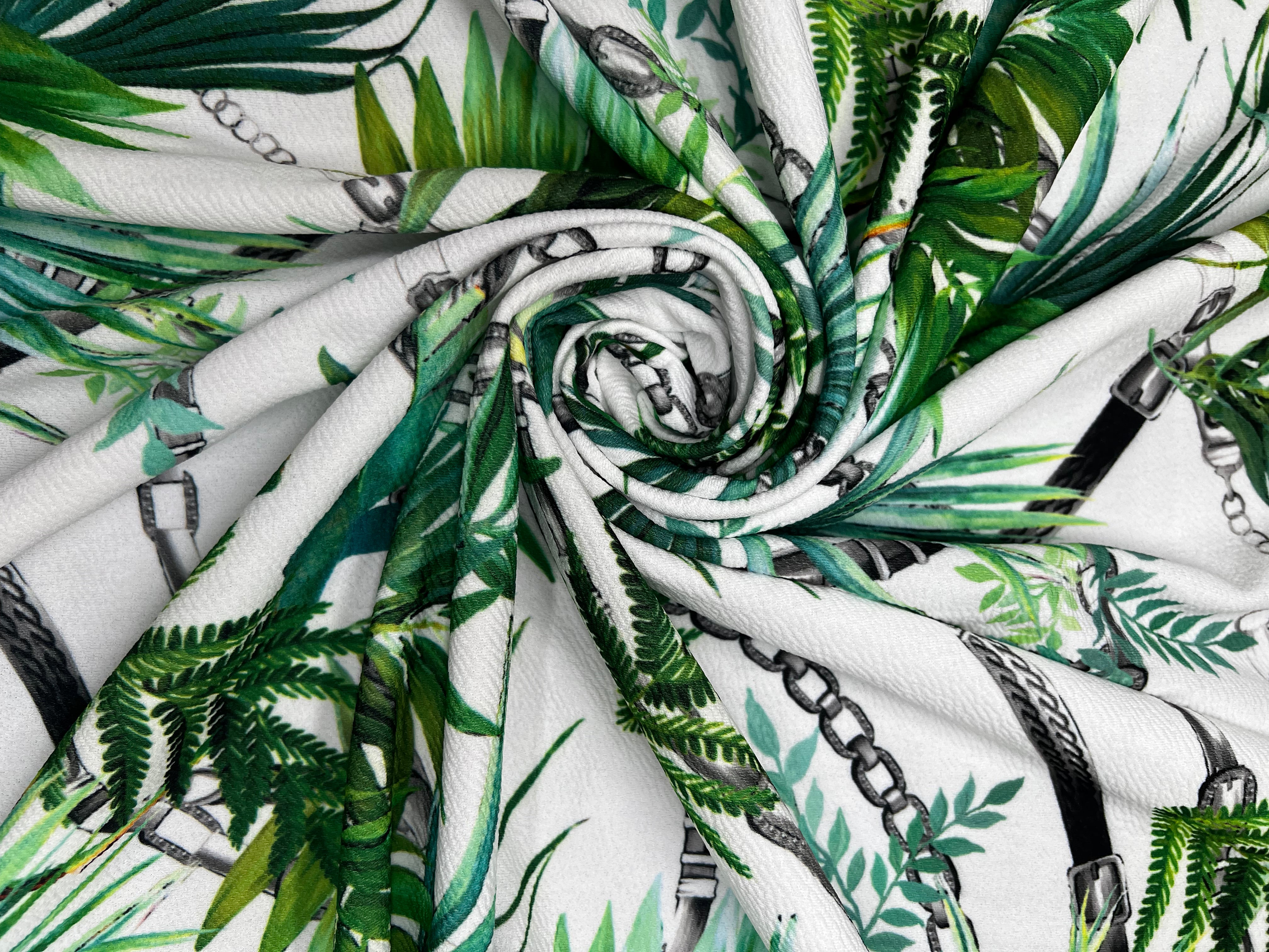 White Tropical Palm Leaf & Black Chain Print Textured Apparel Fabric 148cm