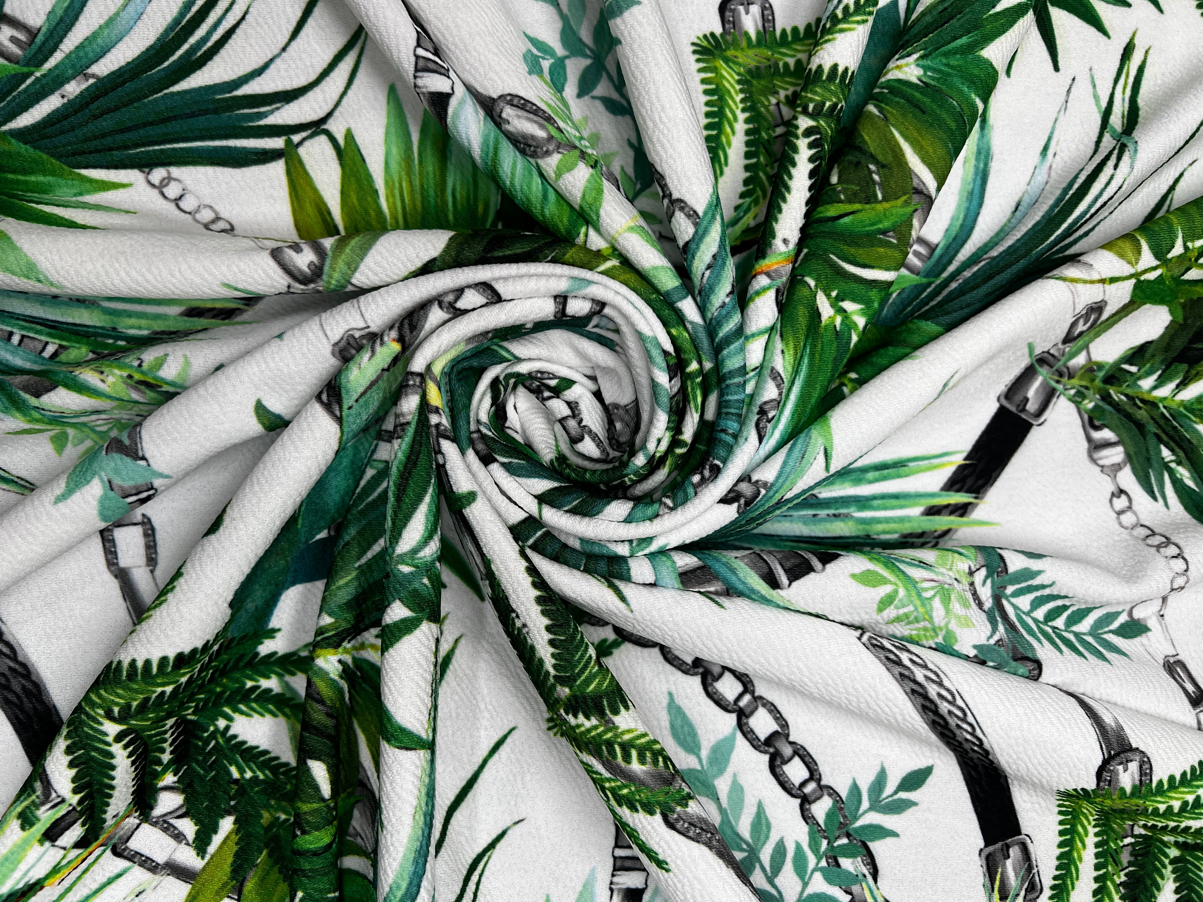 White Tropical Palm Leaf & Black Chain Print Textured Apparel Fabric 148cm