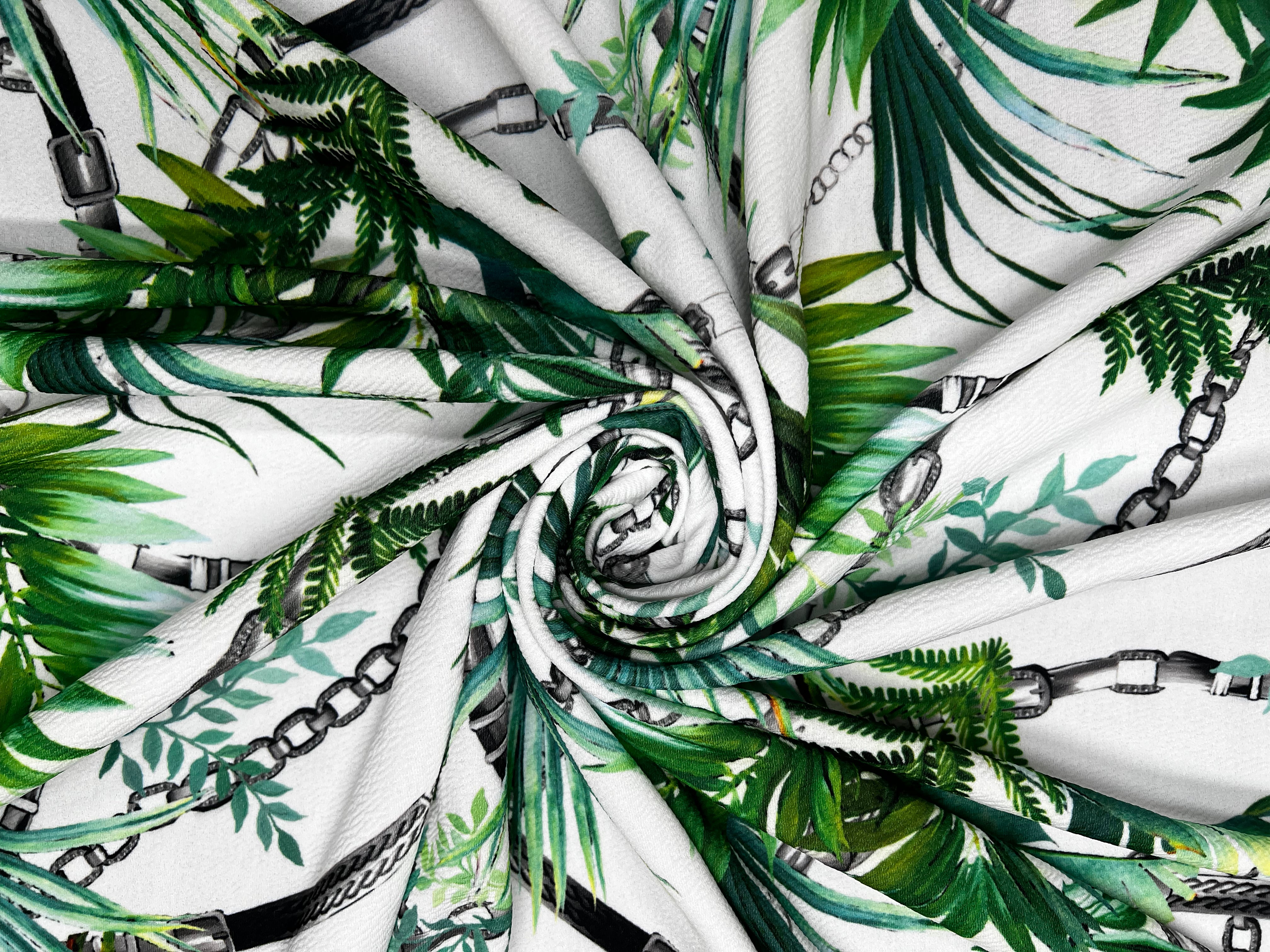 White Tropical Palm Leaf & Black Chain Print Textured Apparel Fabric 148cm
