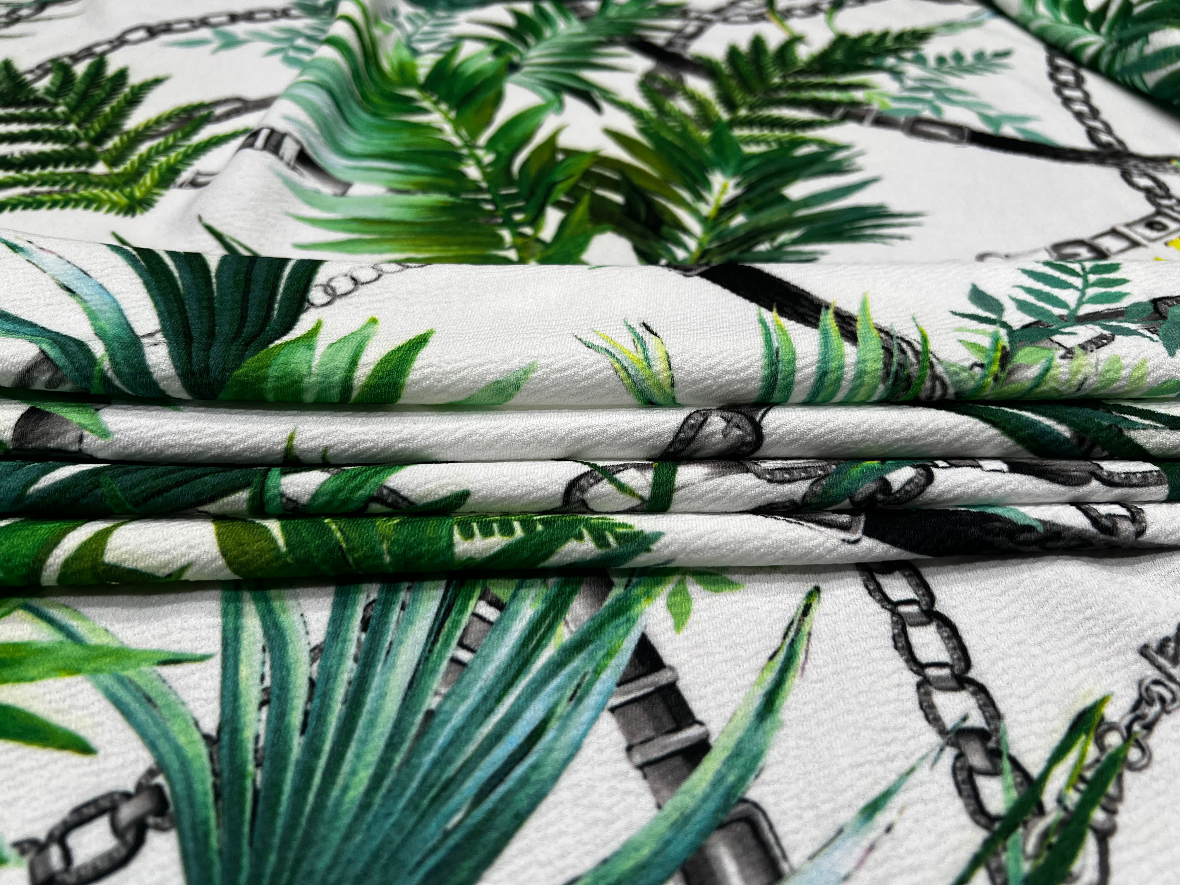 White Tropical Palm Leaf & Black Chain Print Textured Apparel Fabric 148cm