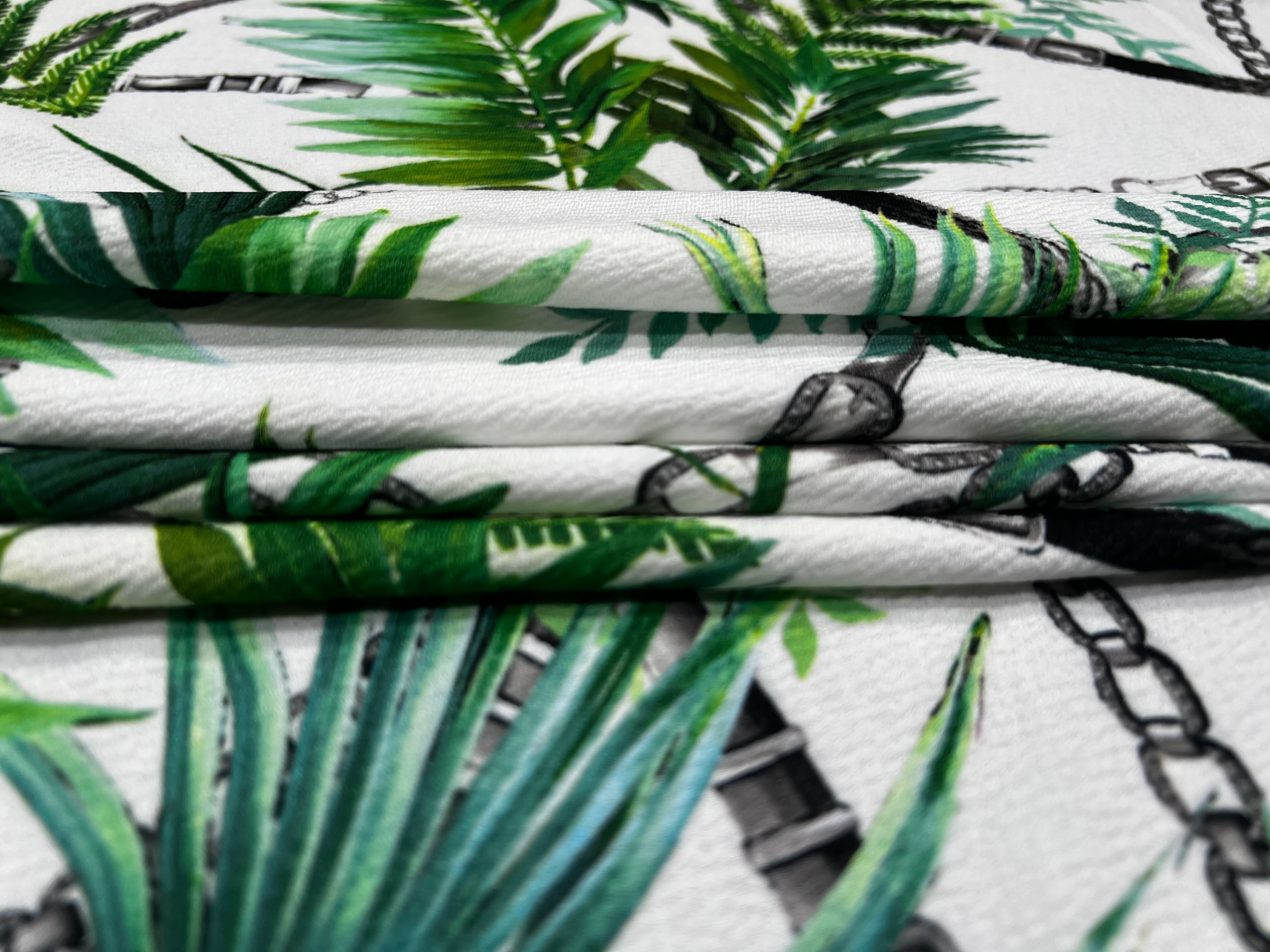 White Tropical Palm Leaf & Black Chain Print Textured Apparel Fabric 148cm