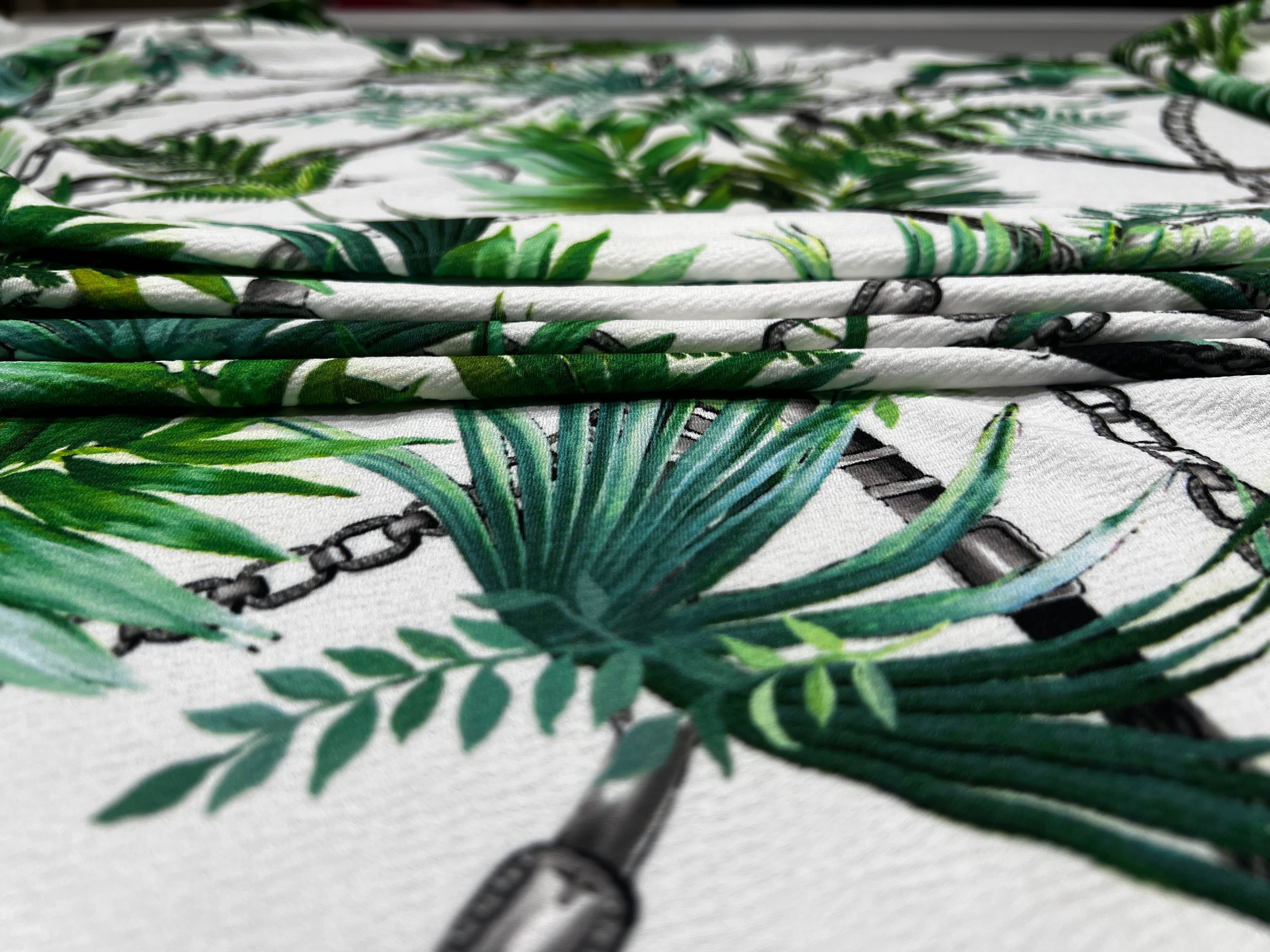 White Tropical Palm Leaf & Black Chain Print Textured Apparel Fabric 148cm