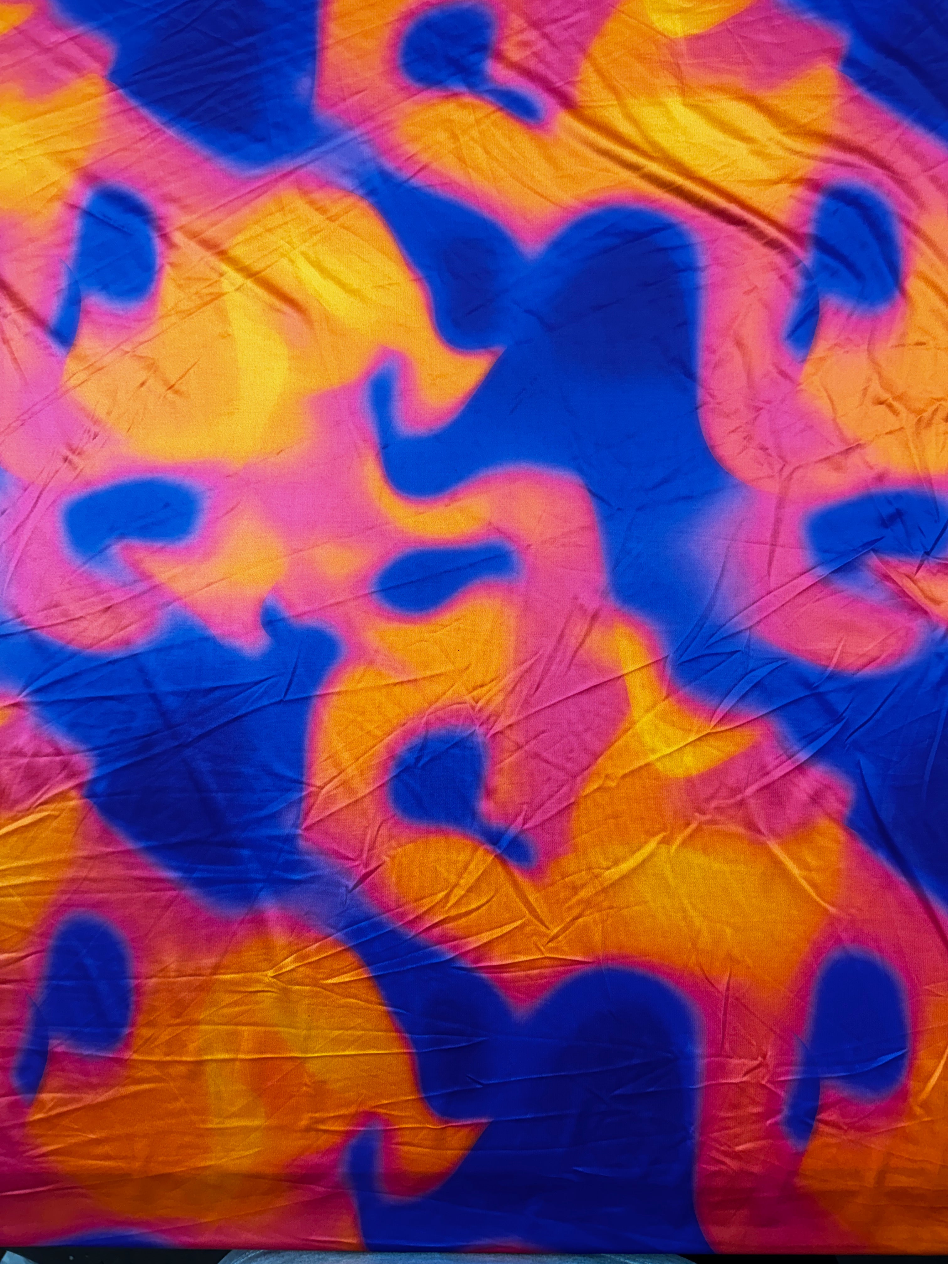 Abstract Neon Slinky Fabric – Vibrant Orange, Blue & Pink Fluid Stretch Textile