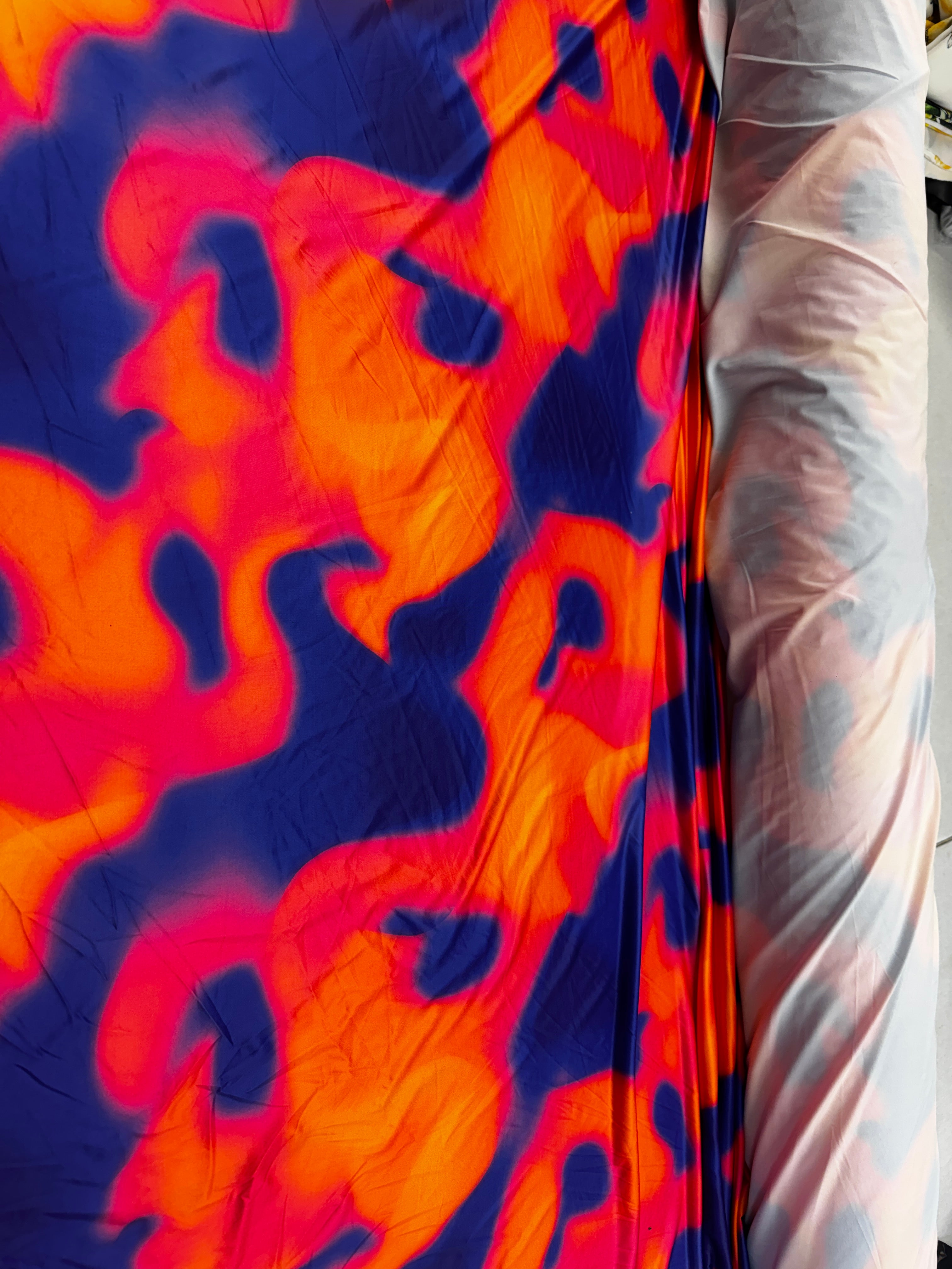 Abstract Neon Slinky Fabric – Vibrant Orange, Blue & Pink Fluid Stretch Textile