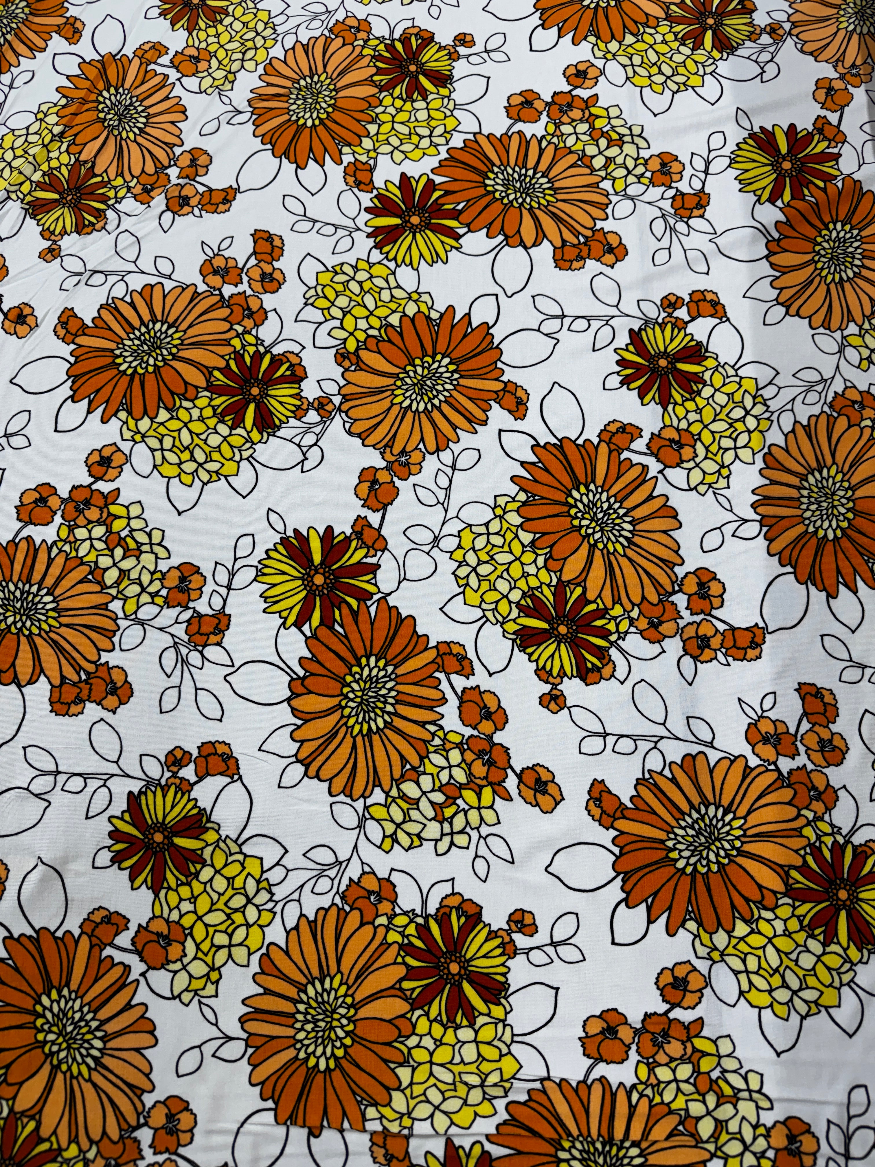 Retro Orange Floral Spun Poly Fabric – Vintage Daisy Print Stretch Fabric, 152cm Wide
