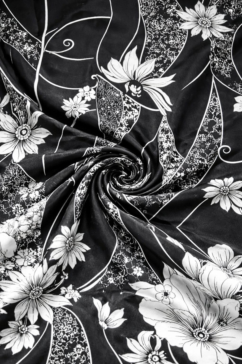 Black & White Abstract Floral Satin Fabric – Smooth Dressmaking Satin 148cm
