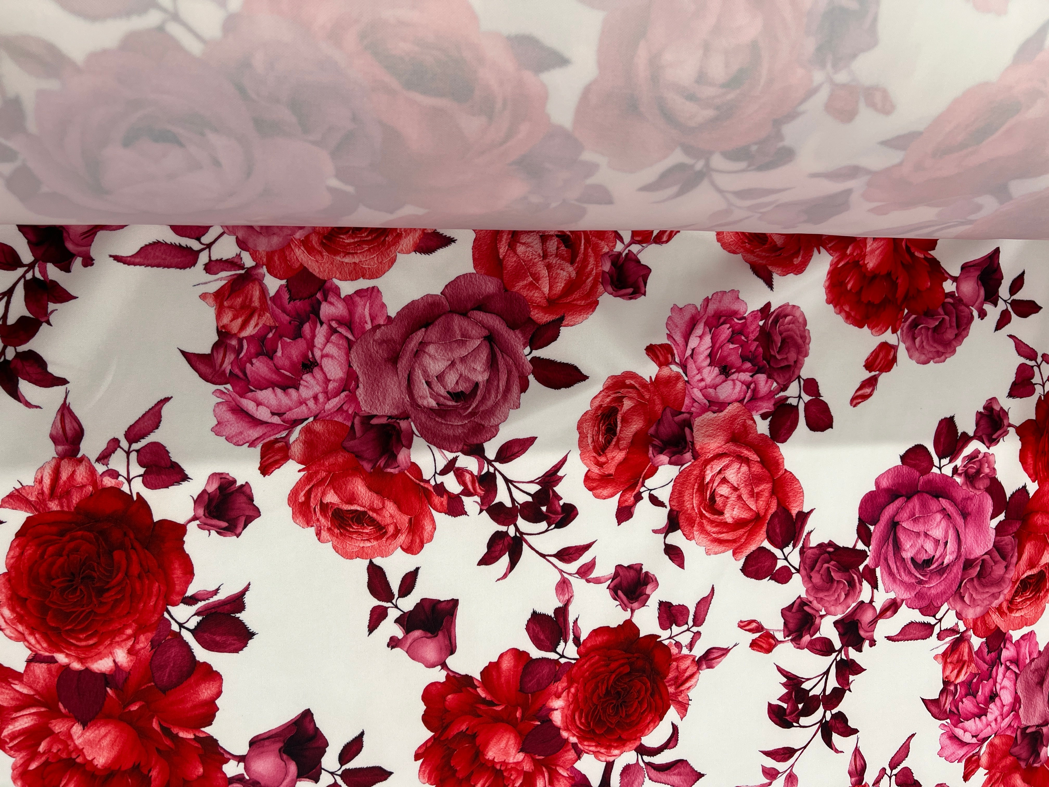 Crimson Rose Floral Scuba Fabric – White, Red & Pink