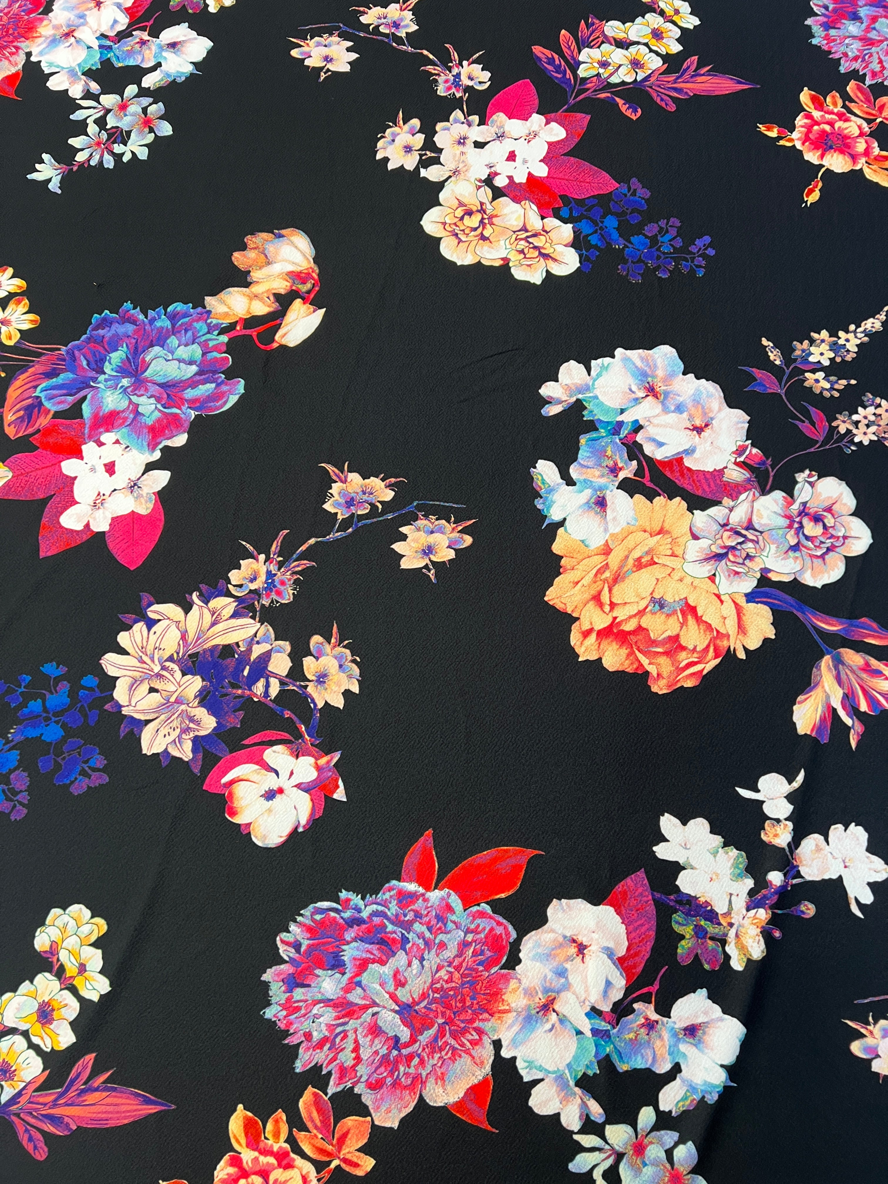 Black Multicolour Floral Liverpool Fabric – Textured Stretch Knit, 148cm Wide Dress Fabric