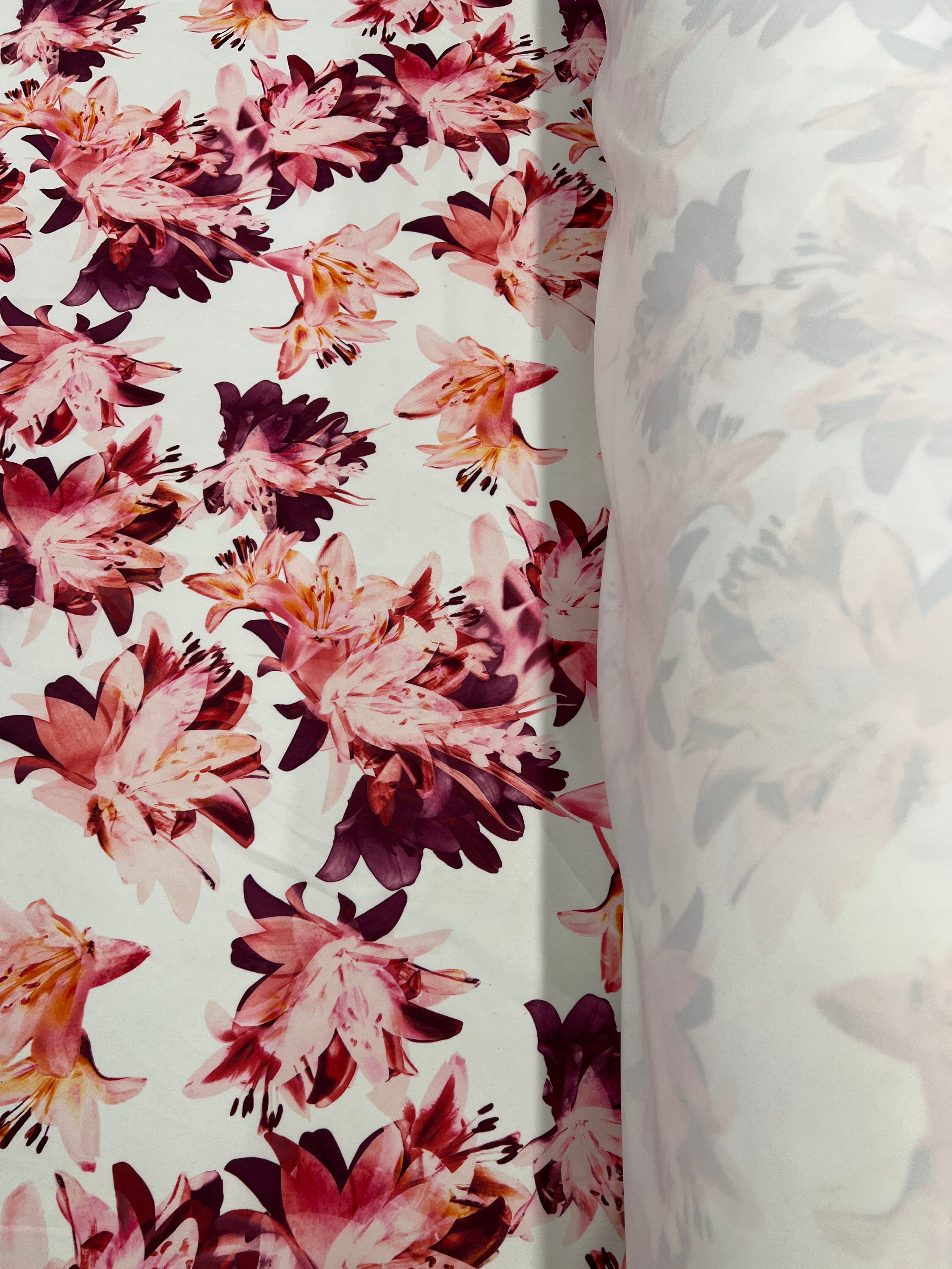 Pink Lily Floral Scuba Fabric – Burgundy & Blush Flower Print