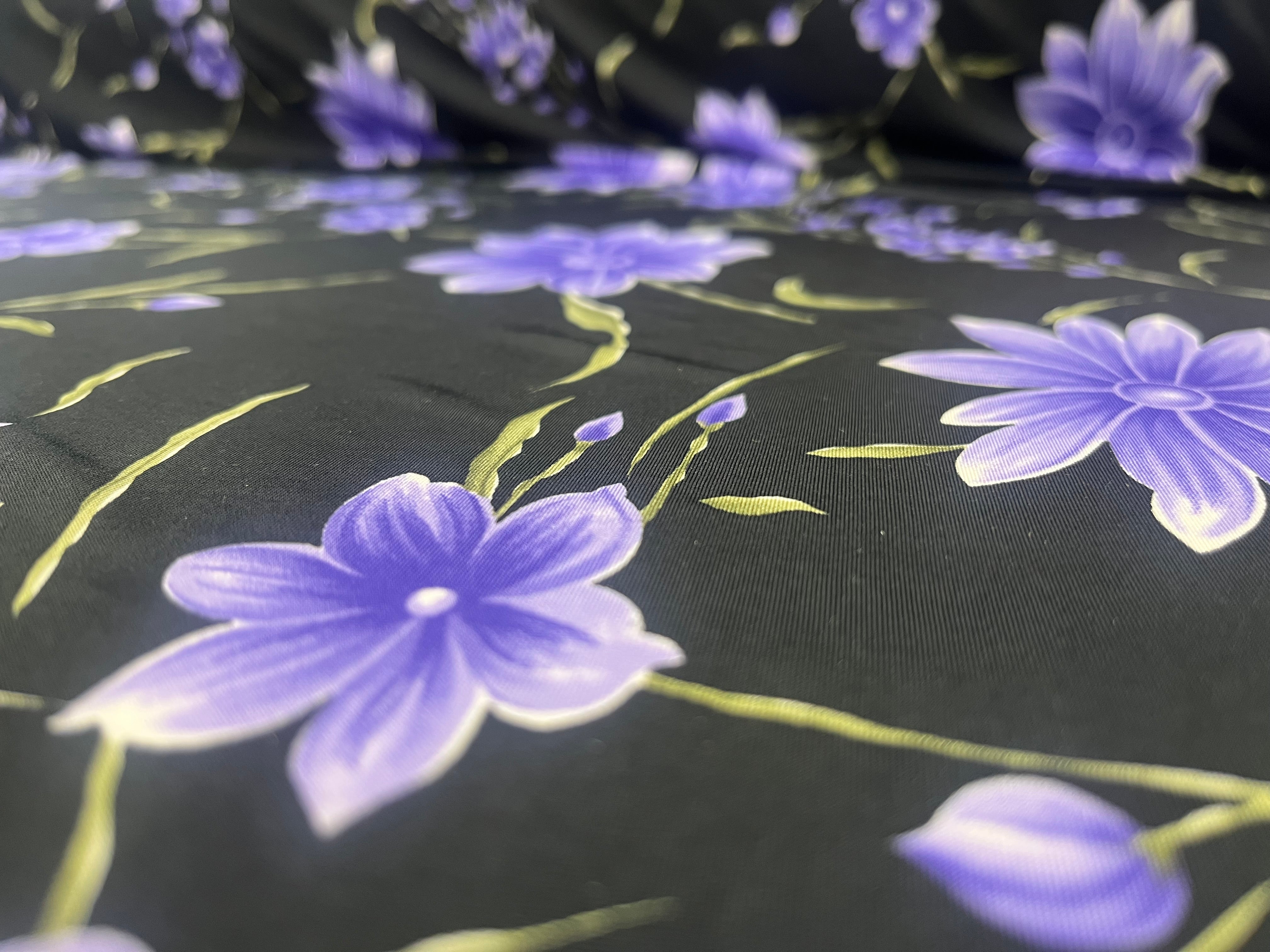 Black & Lavender Wildflower Floral Soft Touch Slinky Fabric 141cm Wide