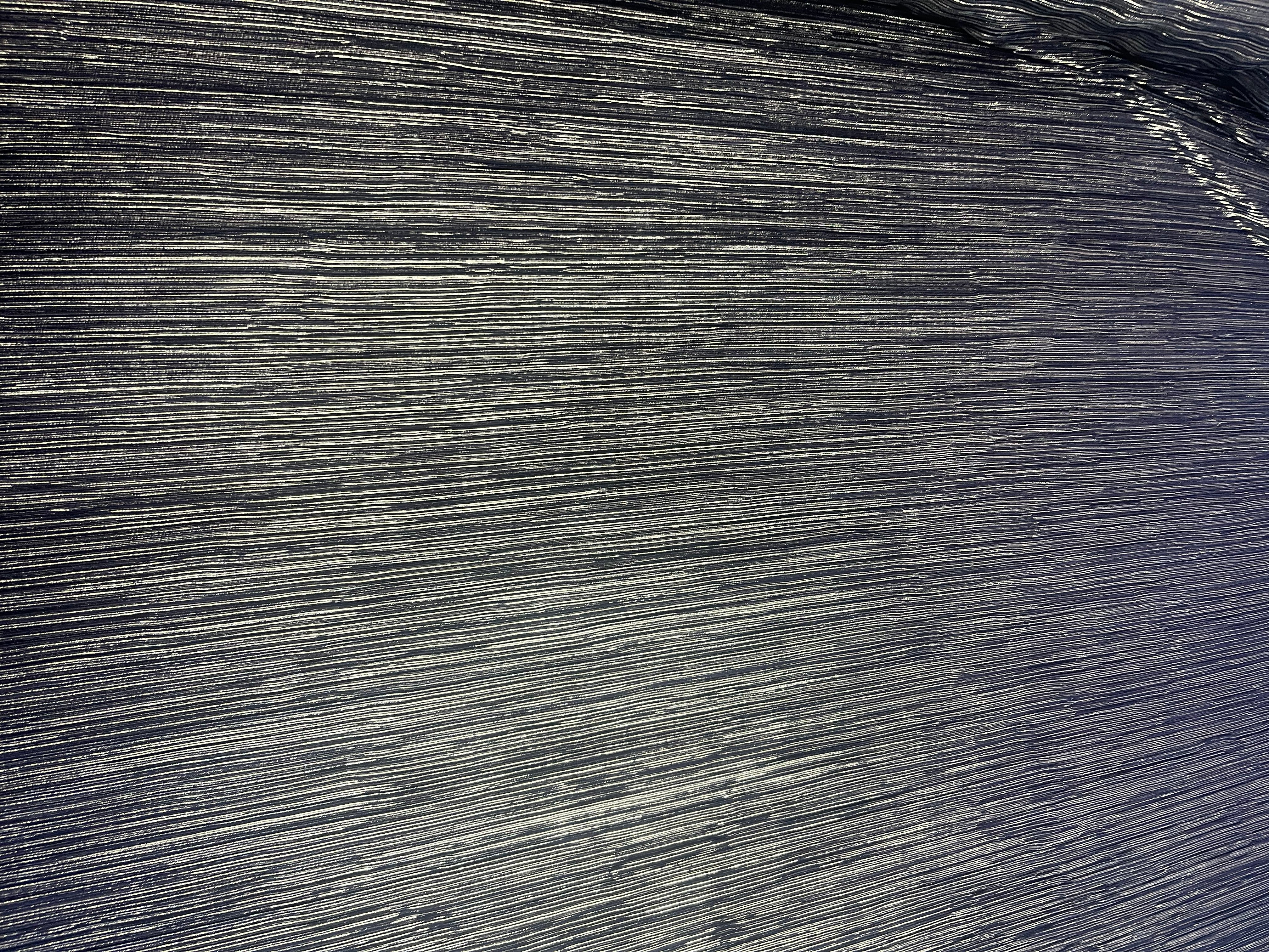 Midnight Navy & Silver Shimmer Metallic Plissé Fabric – fine midnight navy pleats with silver metallic shimmer